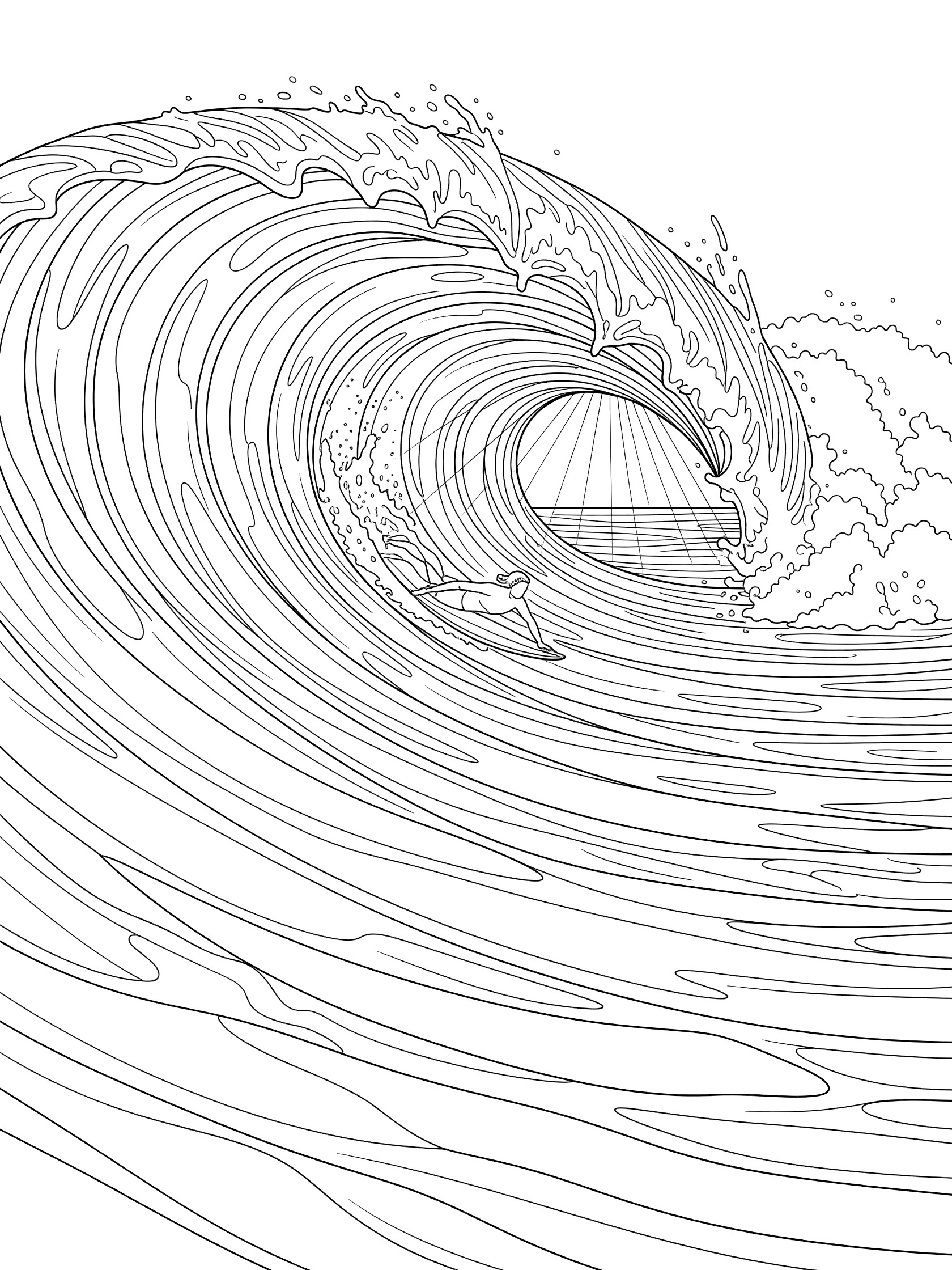 Black and white line drawing of bodysurfing in a barrel wave, prone surfer with arms tucked riding through the curling ocean tunnel with light rays.
