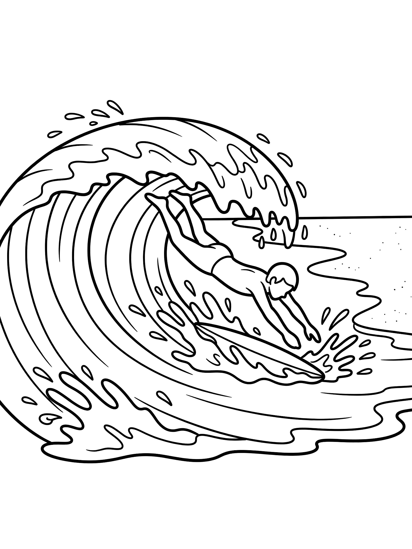 Line art coloring page showing a boy in swim trunks diving headfirst into a big curling ocean wave to bodysurf, with beach sand and water splashes.