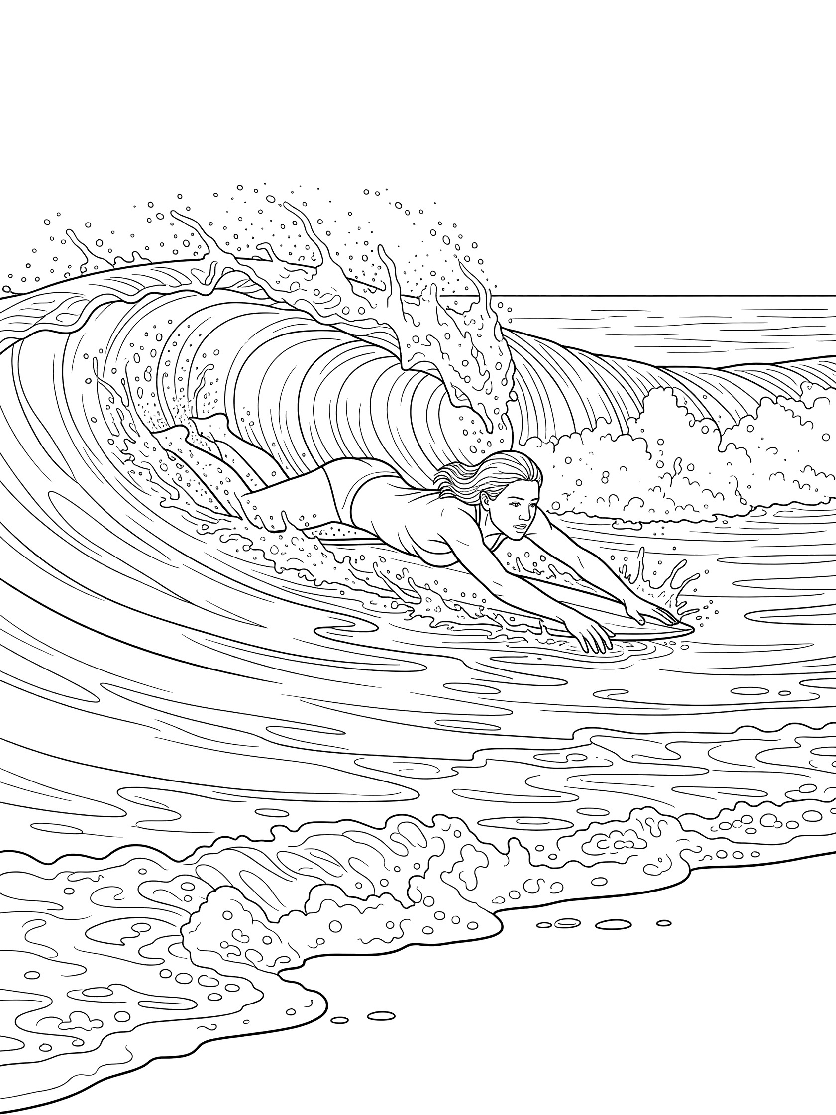 Black and white line art of bodysurfer riding a breaking wave on belly with hands in water, surrounded by ocean foam near shore
