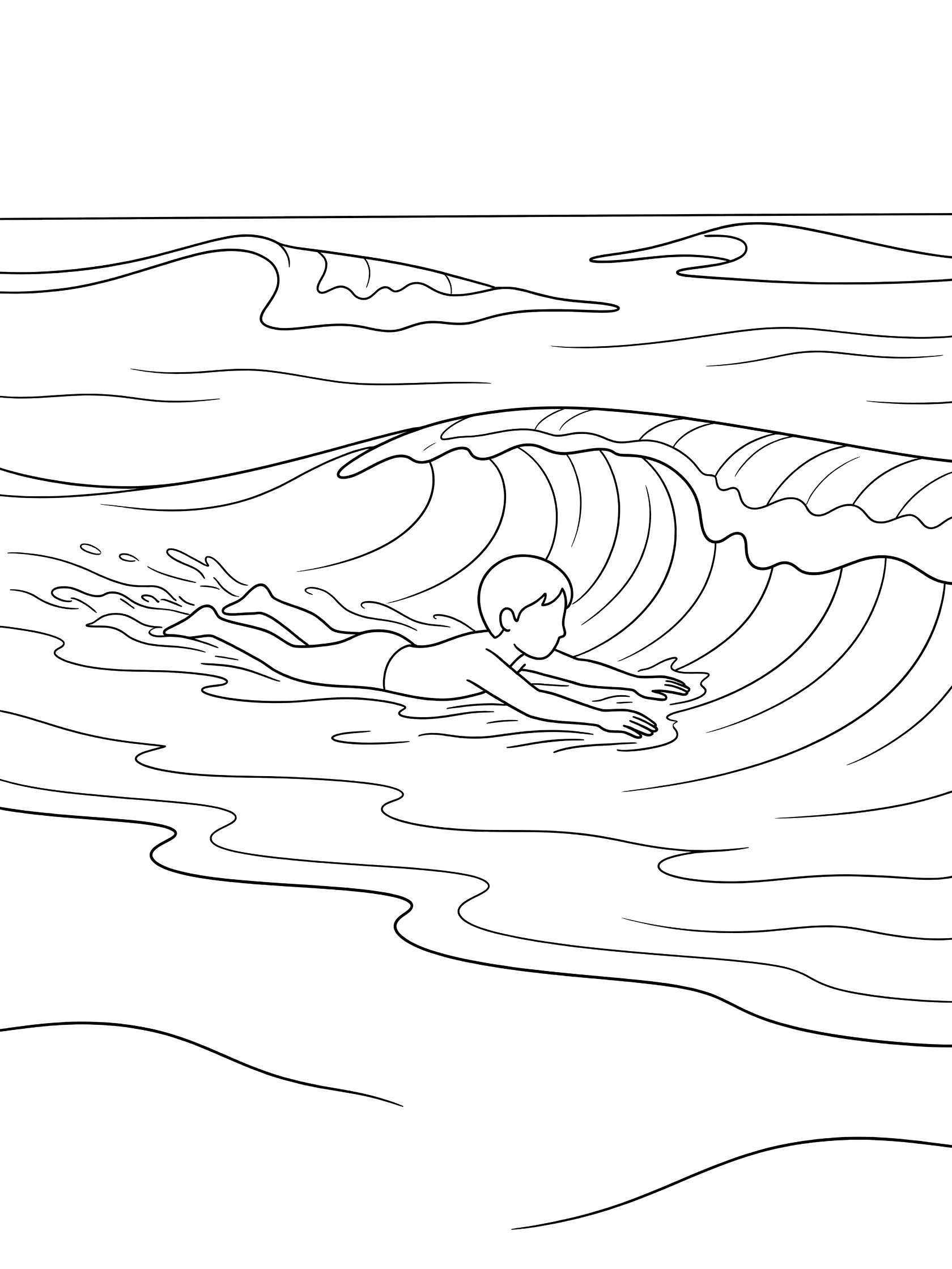 Line art coloring page showing a swimmer bodysurfing style paddling face down in calm ocean water toward distant incoming waves at a sandy beach.