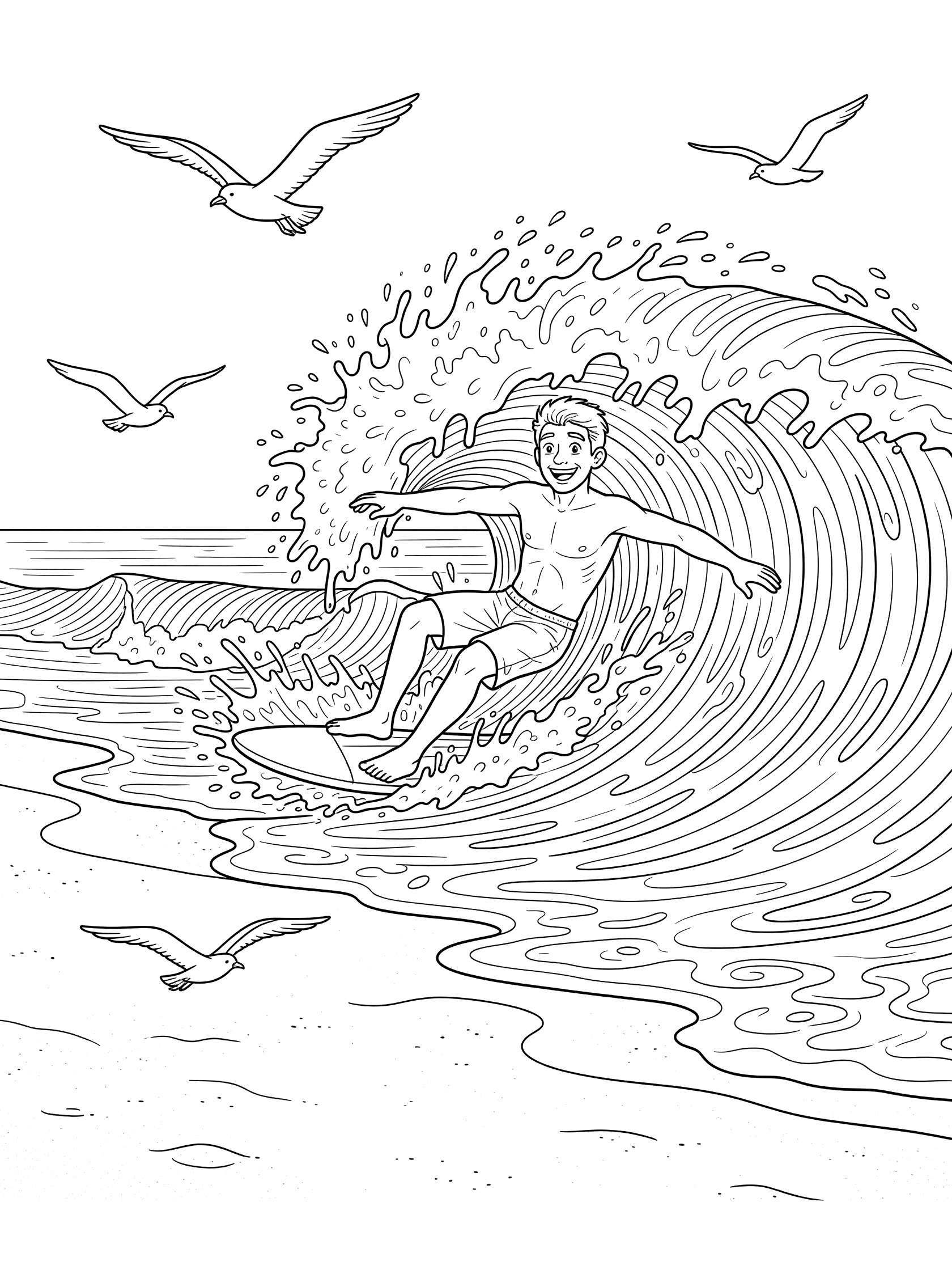 Black and white line art coloring page showing a happy bodysurfer emerging from crashing whitewater waves, shaking off water, with seagulls flying over the beach.