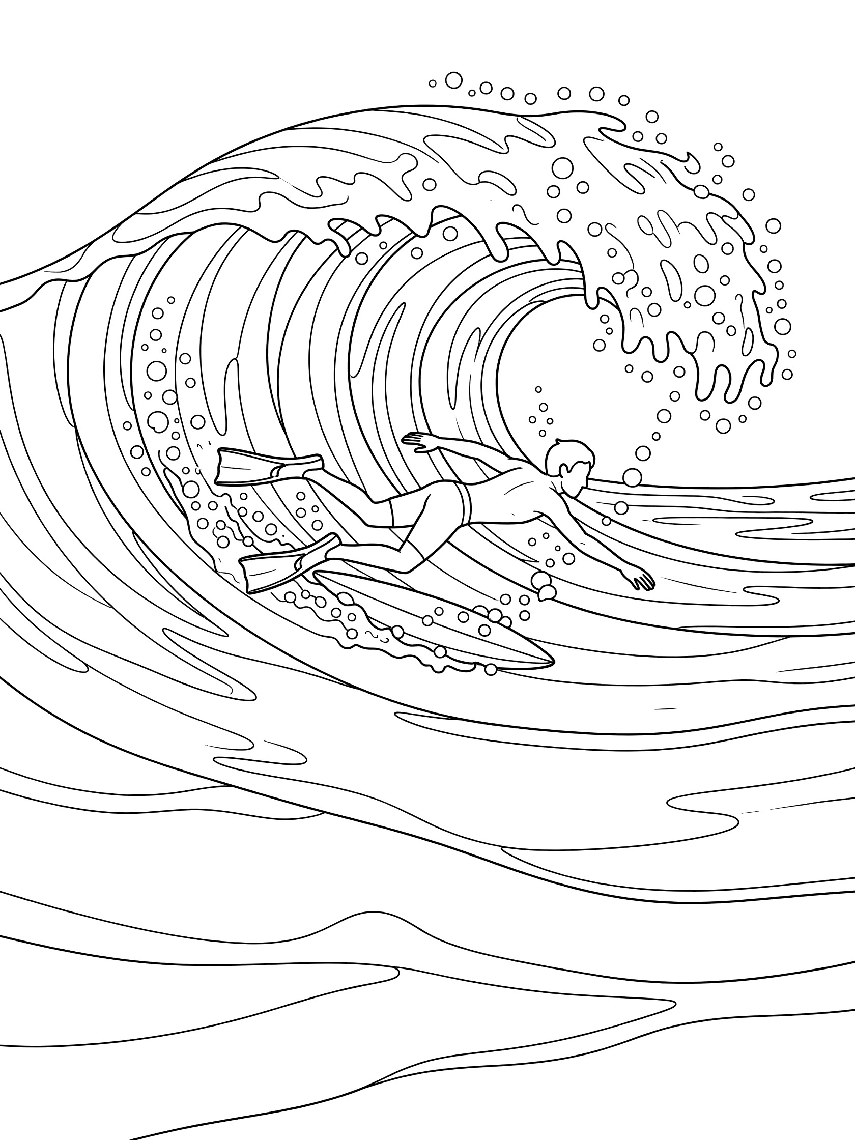 Black and white line art of bodysurfing: swimmer with flippers kicks powerfully under a curling wave with bubbles in clear ocean water.