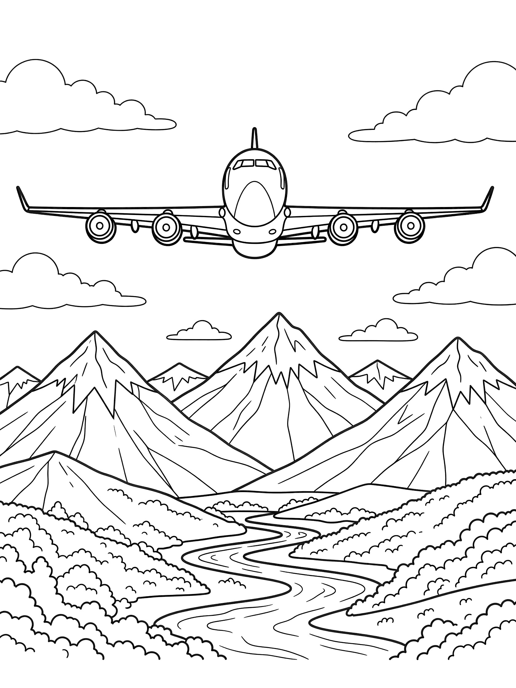 Black and white line art coloring page showing a Boeing 747 jumbo jet with four engines and humpback fuselage flying level over dramatic mountains, clouds, river valley, and trees.