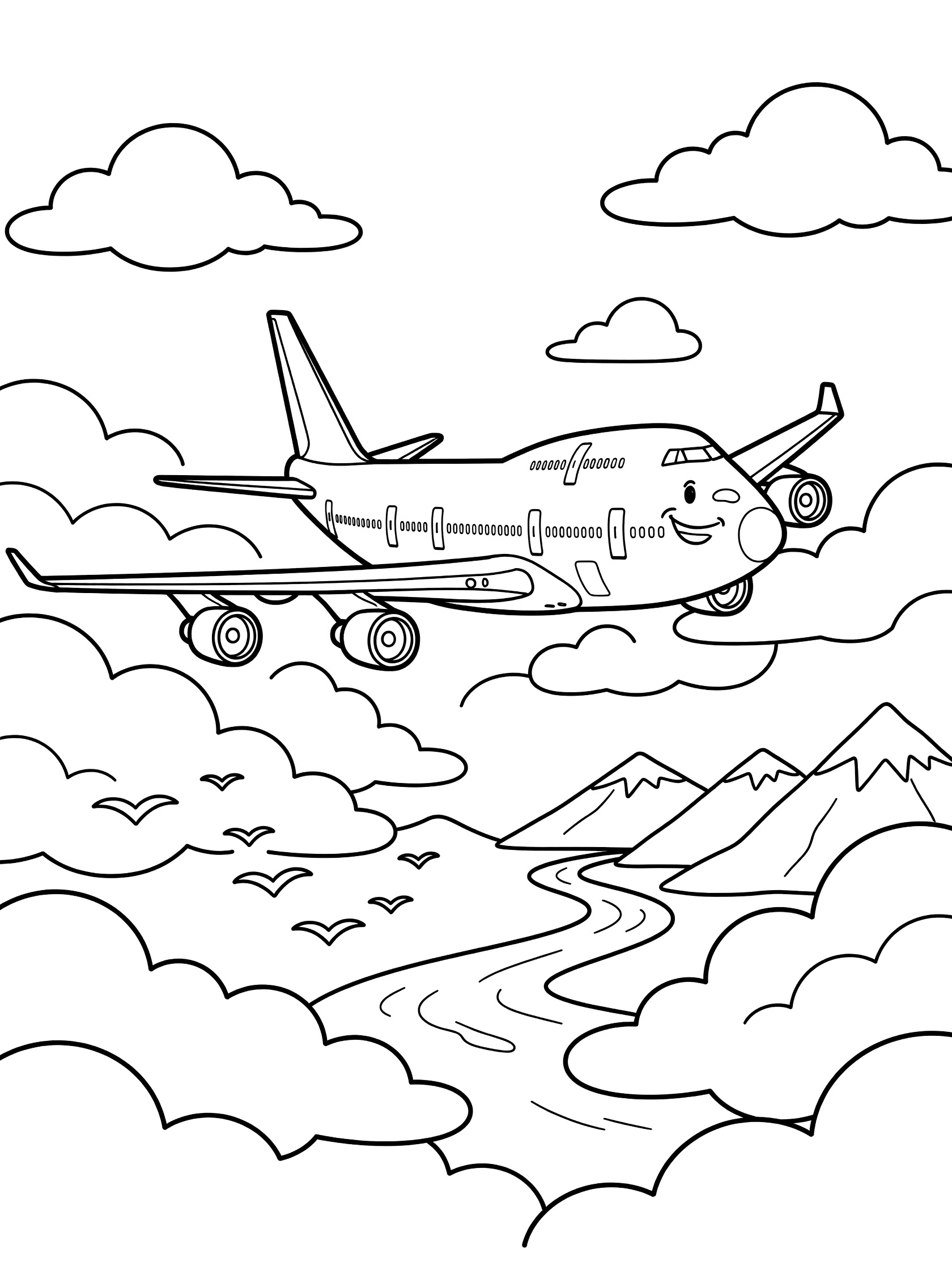 Cute cartoon Boeing 747 jumbo jet with smiling face flying high above clouds, mountains, river, and birds - black line art coloring page