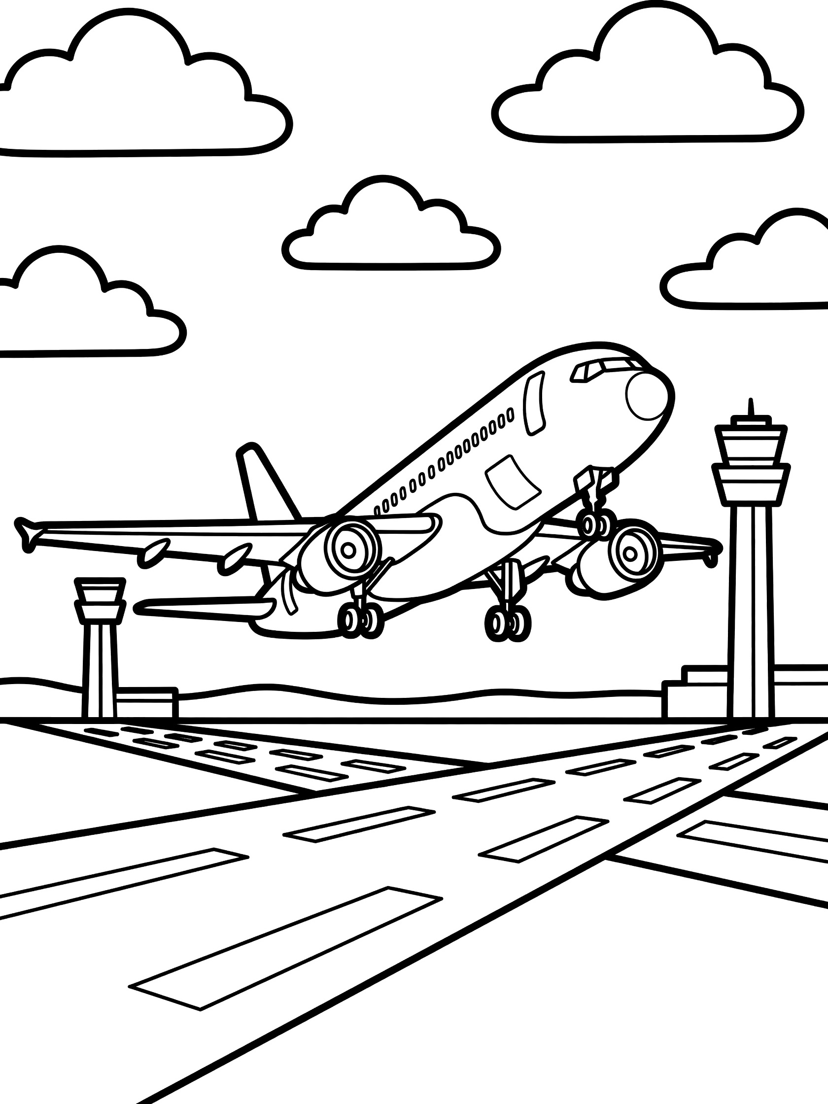 Black and white coloring page of a Boeing 747 airplane taking off from runway, nose up, wings level, gear extended, control tower and clouds in the sky.