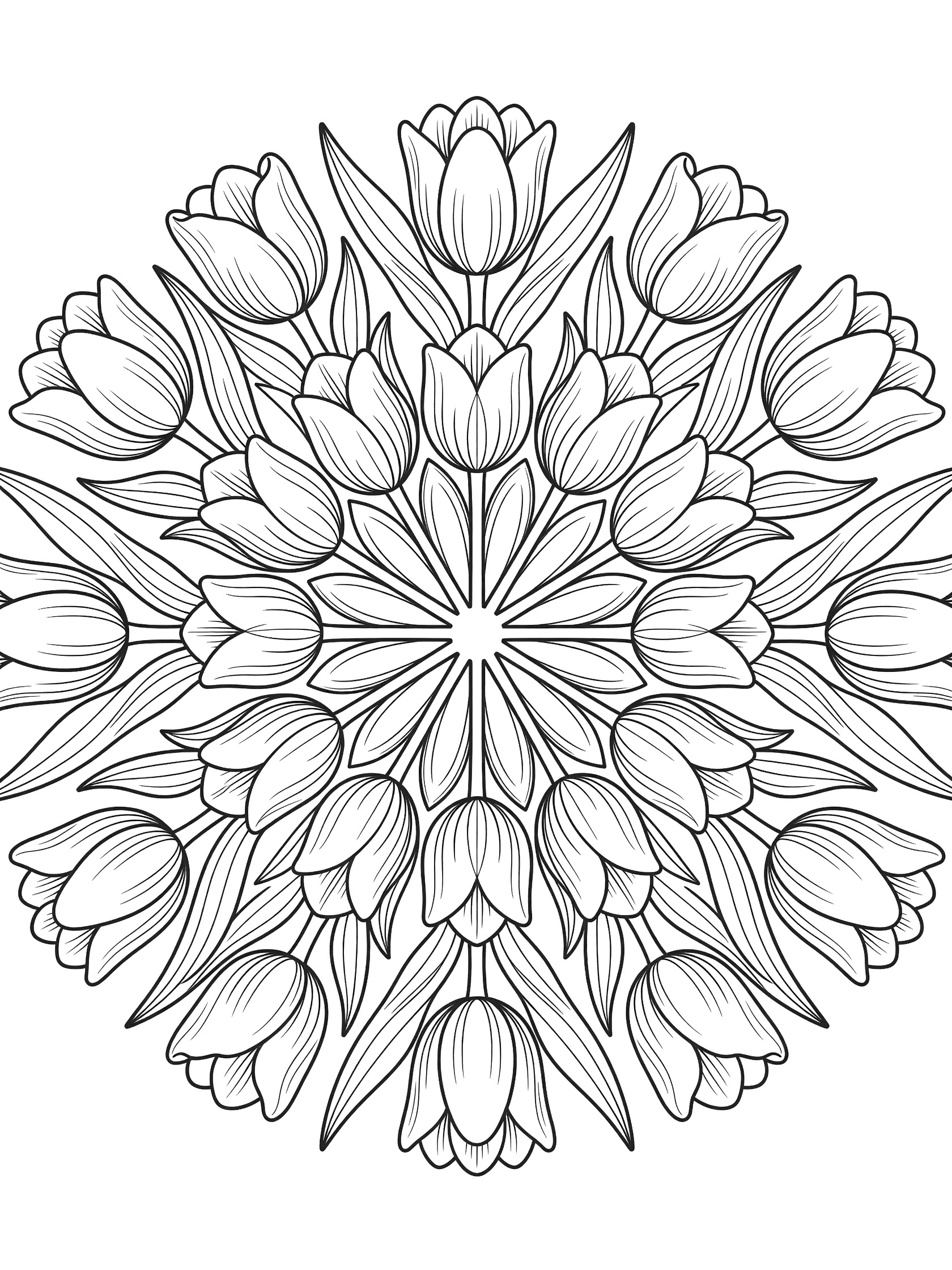 Black and white tulip mandala coloring page featuring radial tulip blooms with bold lines, stems, leaves, and repeating patterns.