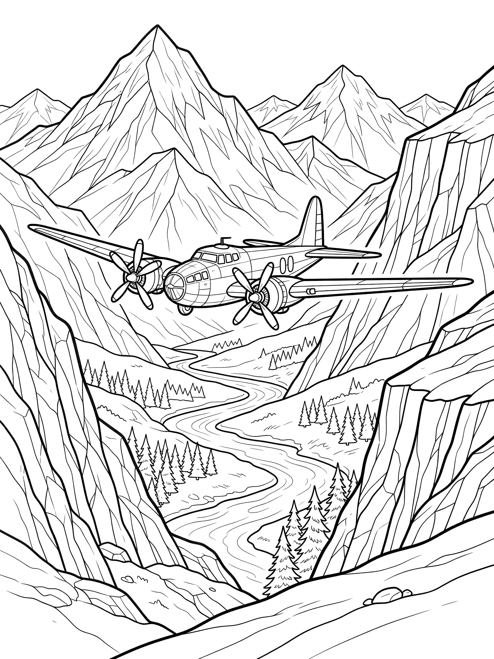 Black and white line art of a bomber plane with twin engines and wide wings soaring over jagged mountain peaks, river valley, and pine trees.