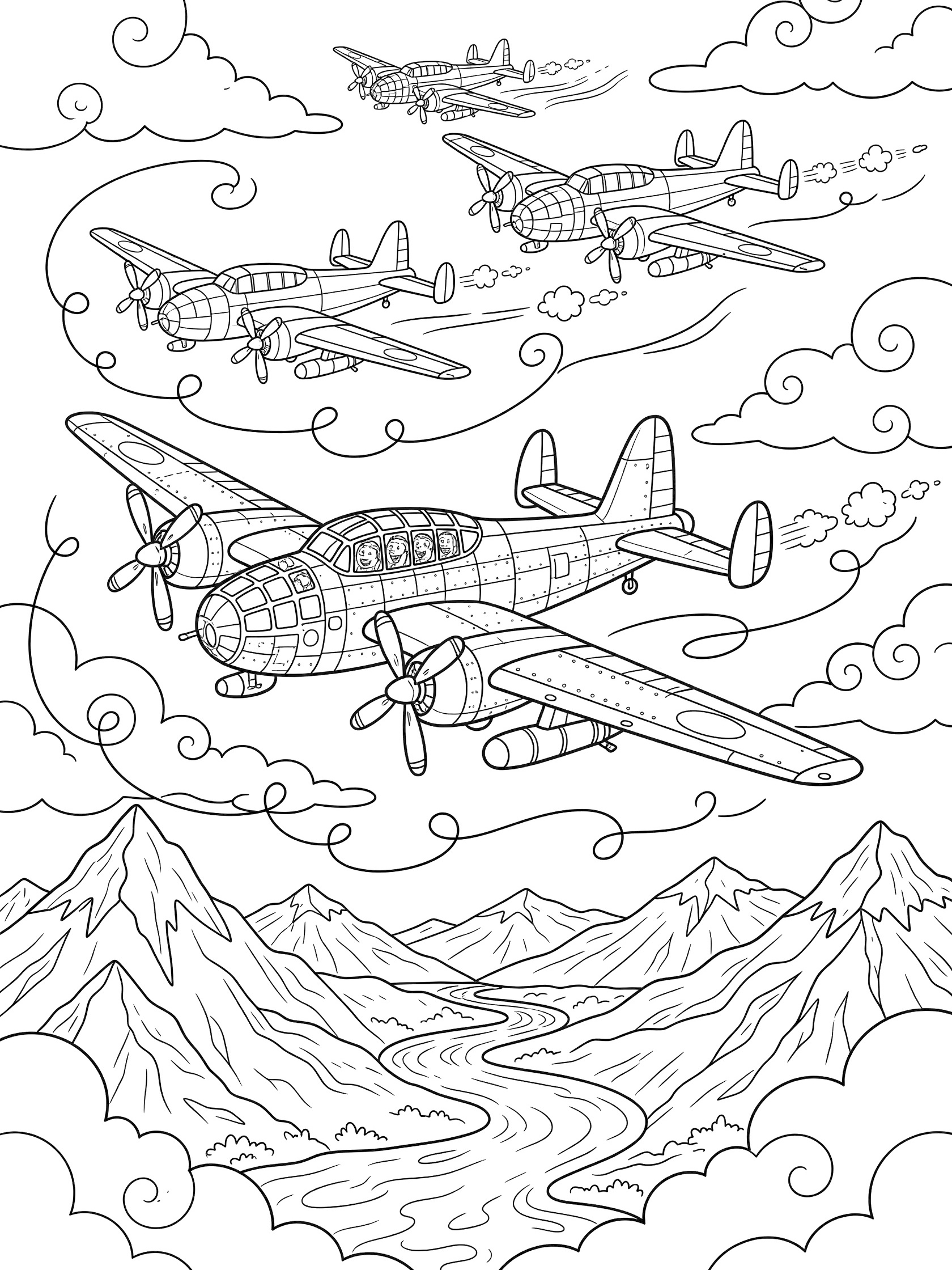 Line art coloring page showing four detailed bombers flying in formation through cloudy skies above rugged mountains and a winding river.