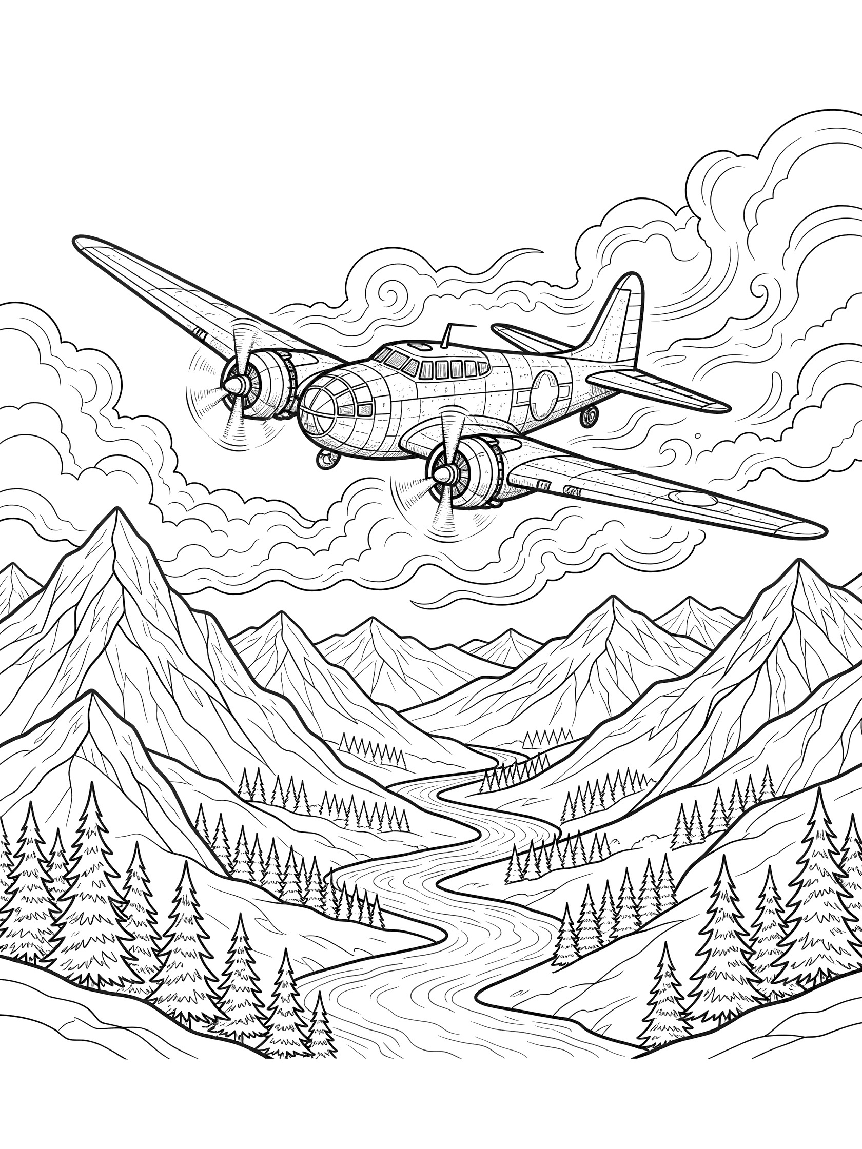 Line art coloring page showing a rugged bomber plane in flight over majestic mountains with a river valley, pine trees, and clouds