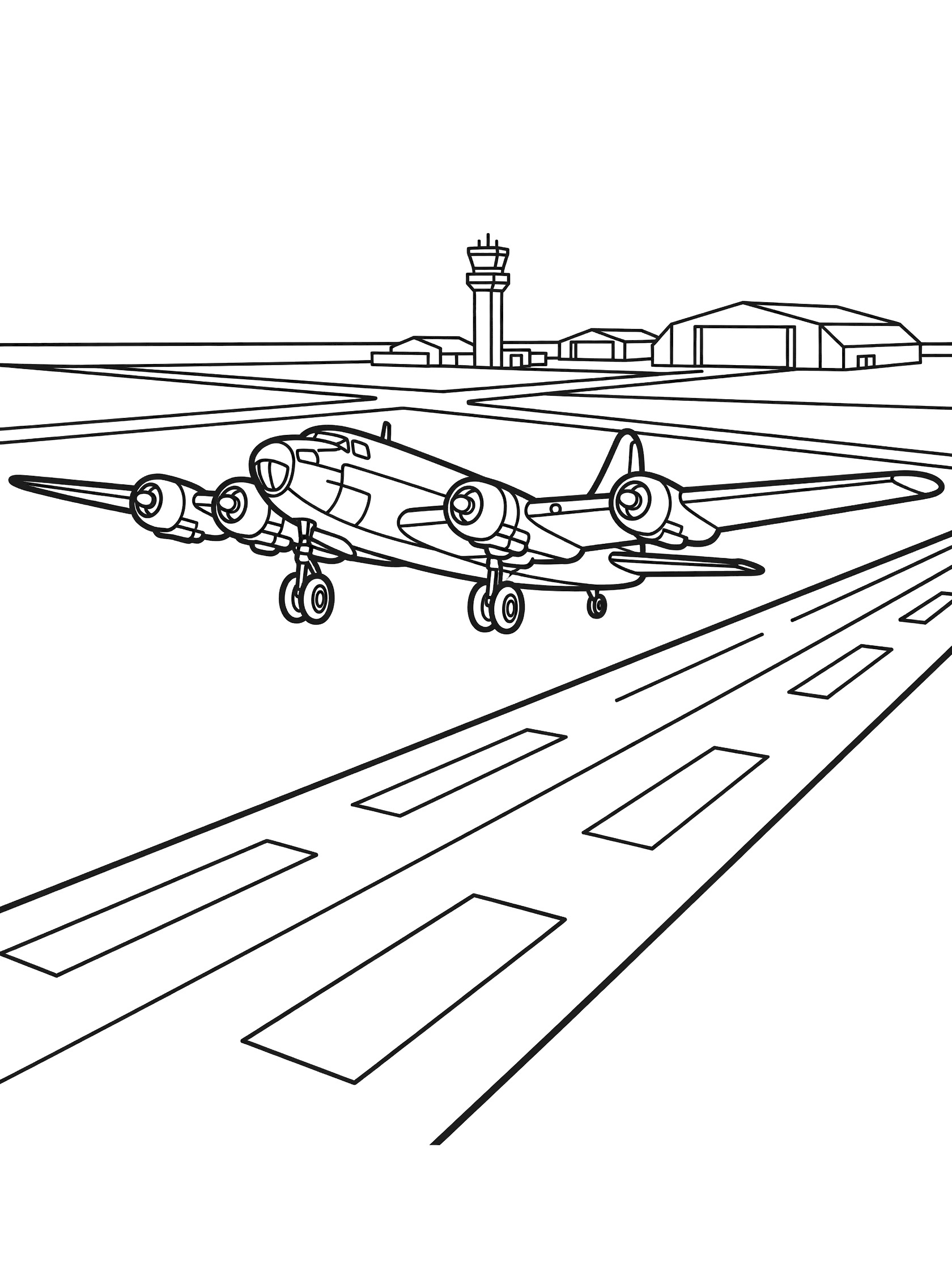 Black and white line art of a bomber plane taking off from a striped runway, with straight wings, propellers, control tower and buildings visible.