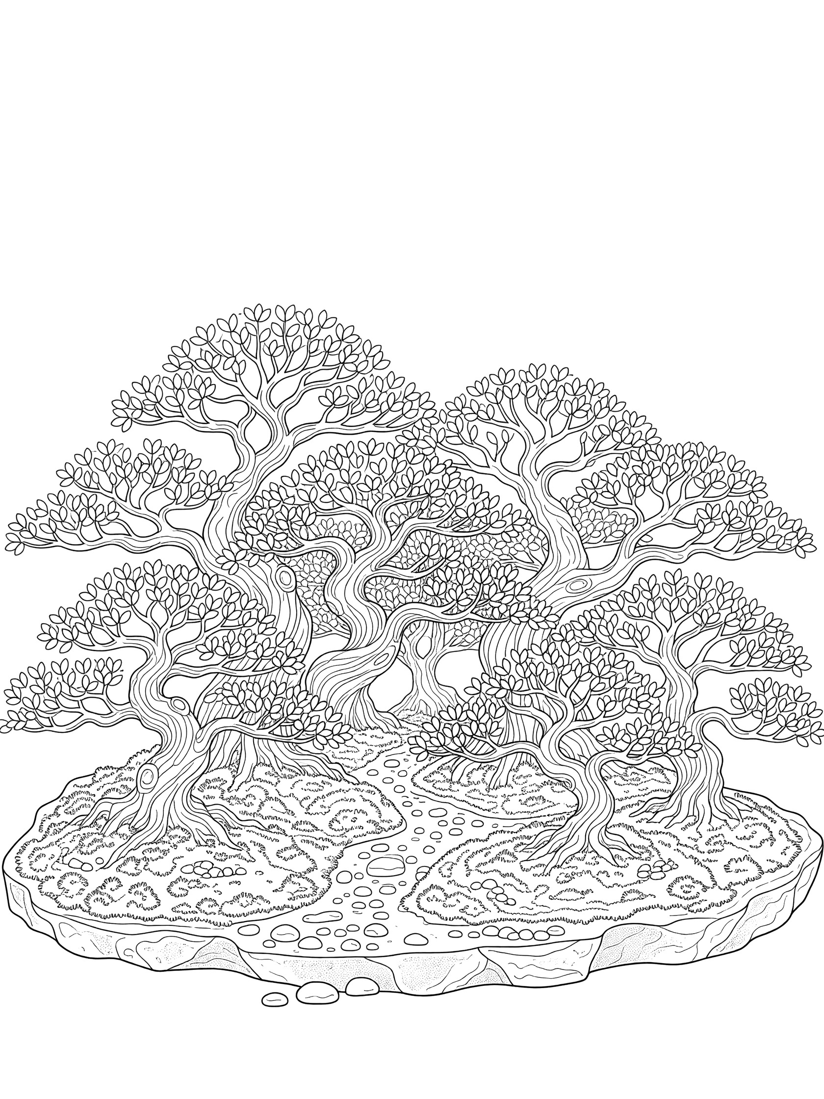 Black and white line art of a cluster of miniature twisted bonsai trees on a rocky tray with moss, pebbles, and small paths in a serene forest style.