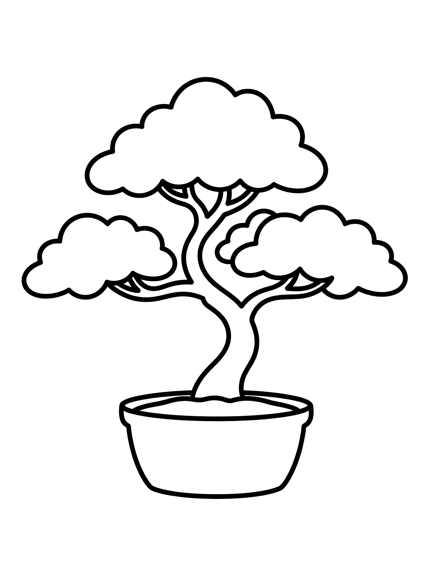 Black and white line drawing of a bonsai tree with curved trunk and rounded foliage in a round pot, printable coloring page for children