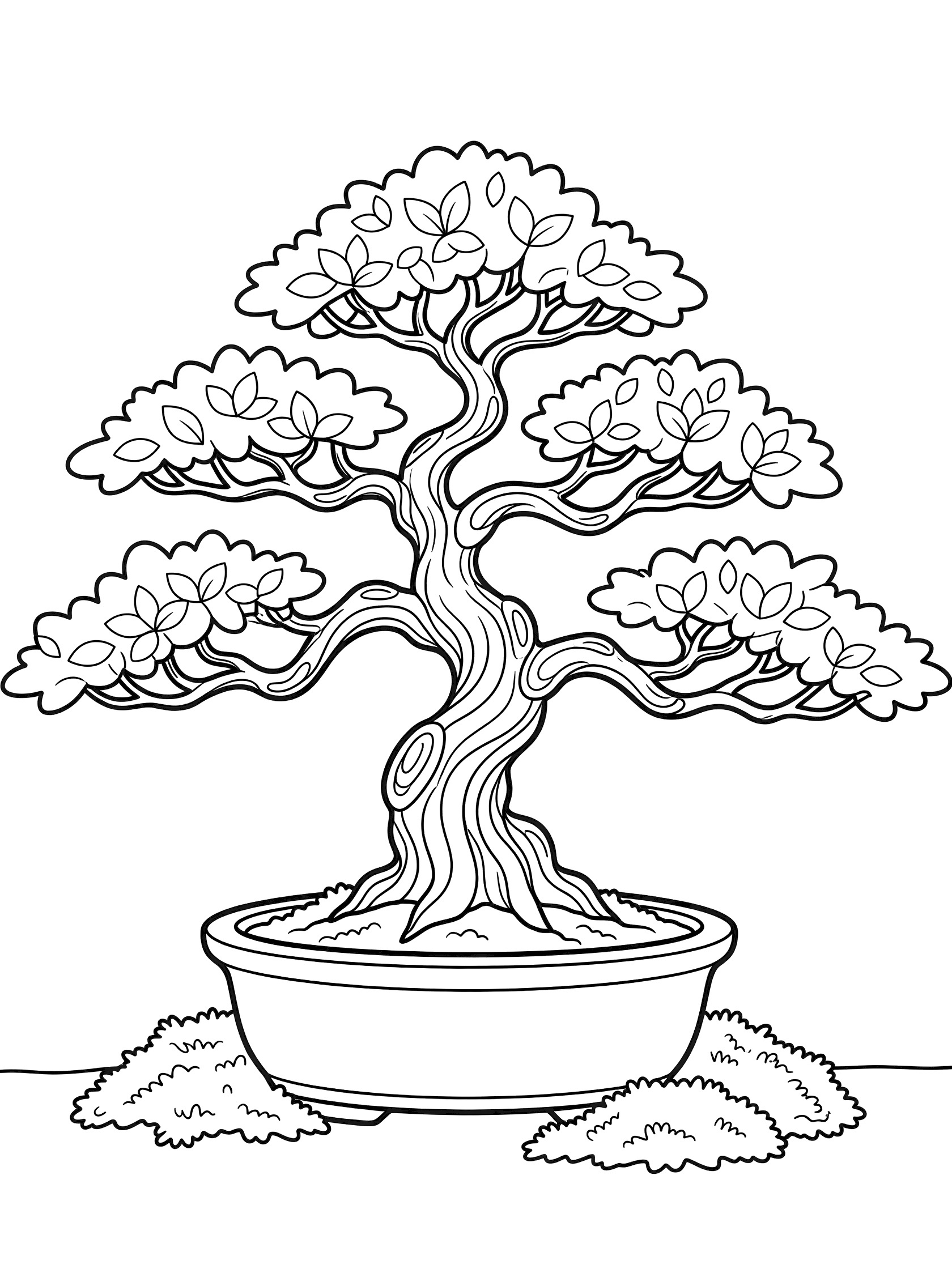 Black and white line drawing of a bonsai tree with curved trunk and branches, dense leaves, in an oval pot with moss around the base.