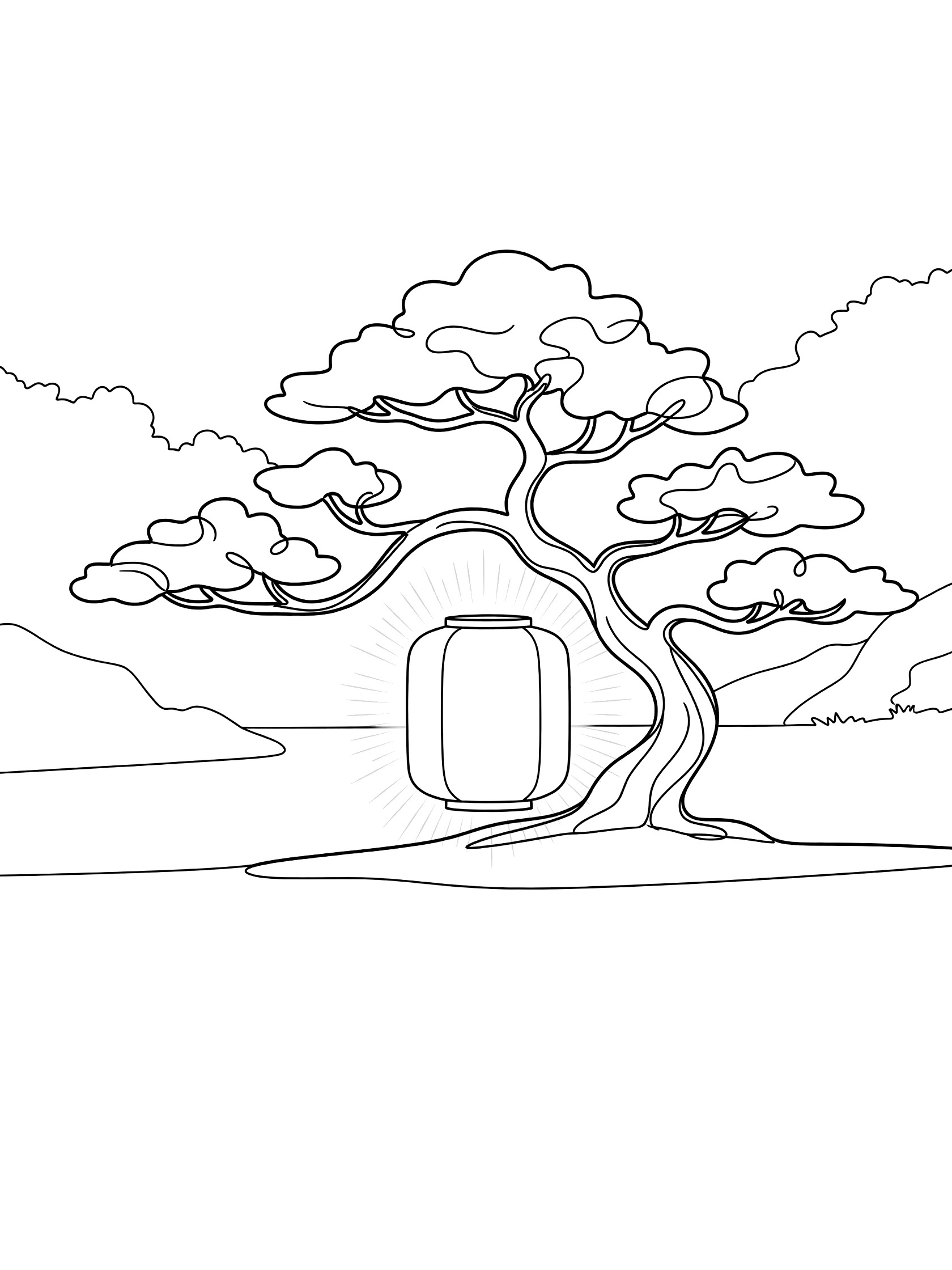 Black and white coloring page of a bonsai tree with curvy branches holding a hanging lantern, mountains in back, and a river below
