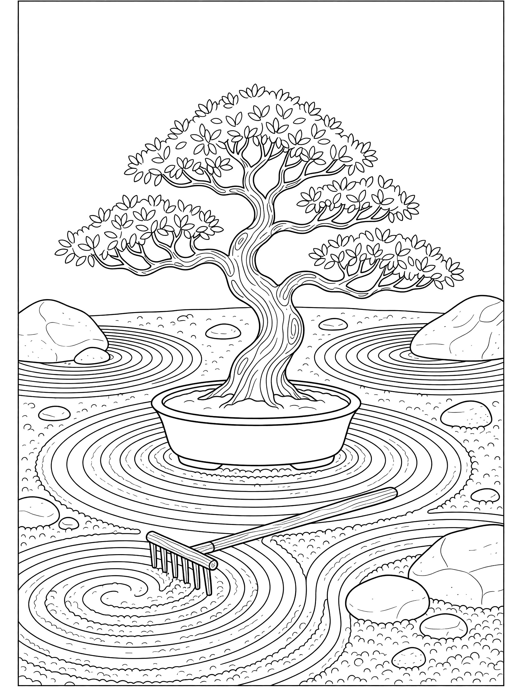Black and white line art of a bonsai tree in a pot centered in a zen garden with swirling gravel patterns, scattered stones, and a small rake.