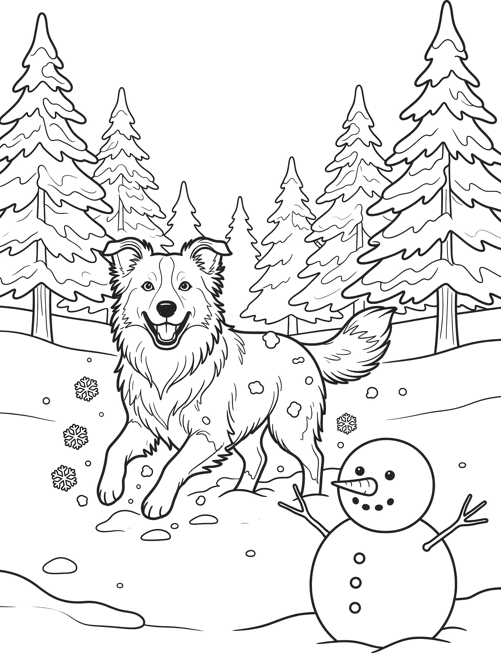 Printable coloring page showing a Border Collie dog with fluffy fur and wagging tail playing in snow near a snowman, surrounded by pine trees and falling snowflakes in a winter woods scene.