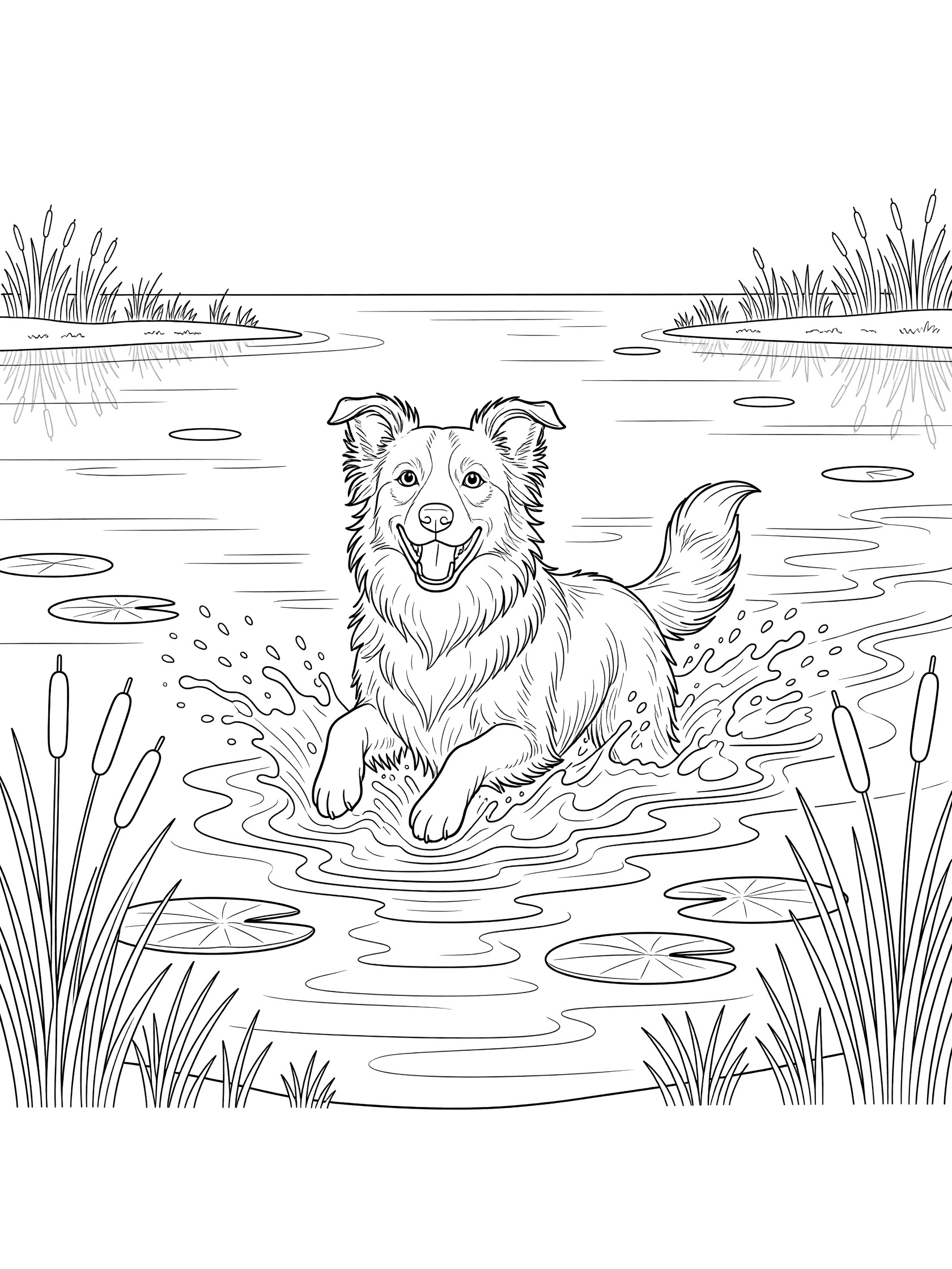 Black and white line art coloring page showing a joyful Border Collie dog paddling in a pond with water splashes, lily pads, and shore reeds.