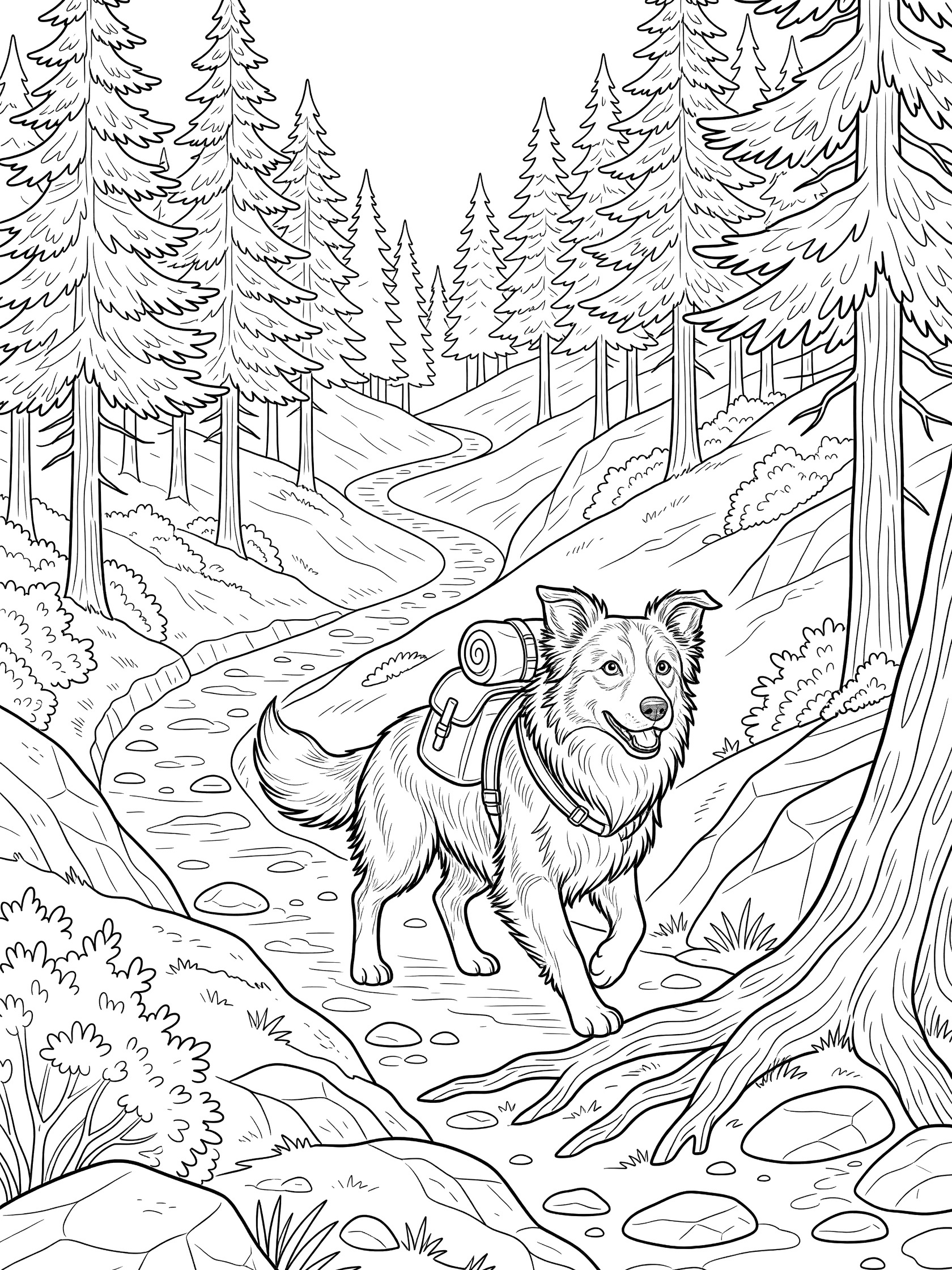 Black and white line art coloring page showing a Border Collie dog with backpack trotting along a winding forest trail surrounded by pine trees, rocks, and roots.
