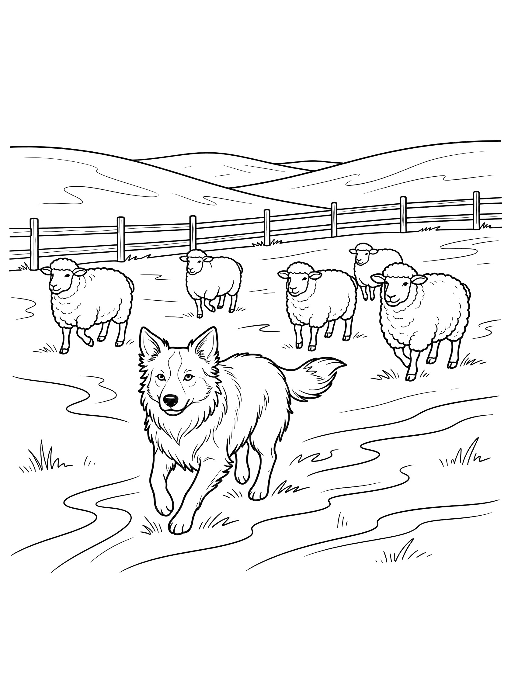 Black and white line art coloring page showing a Border Collie running to herd a small flock of sheep across a grassy meadow with hills and a wooden fence in the background.