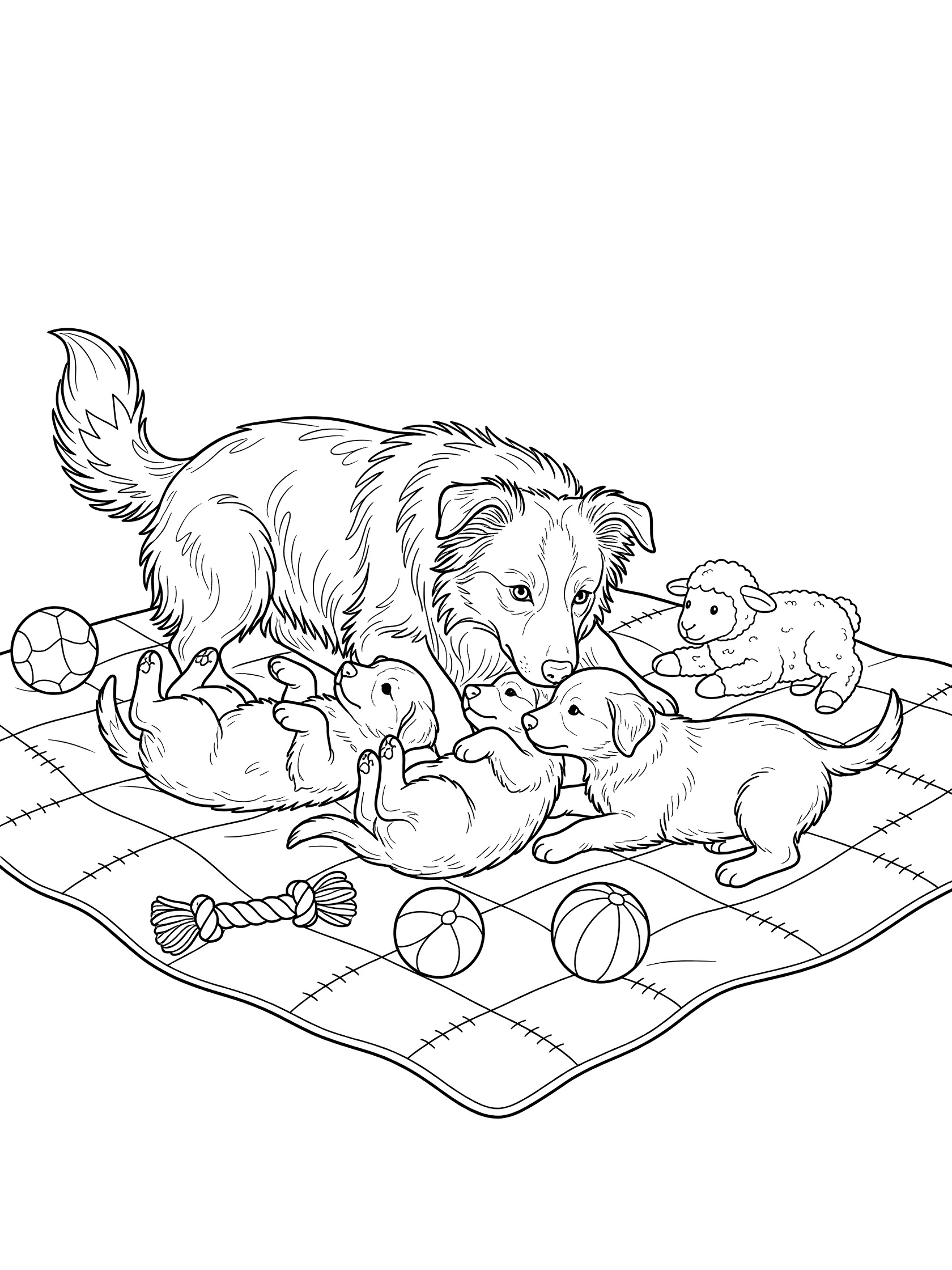 Black and white line art of a Border Collie mother dog with four puppies tumbling on a blanket surrounded by balls and toys.