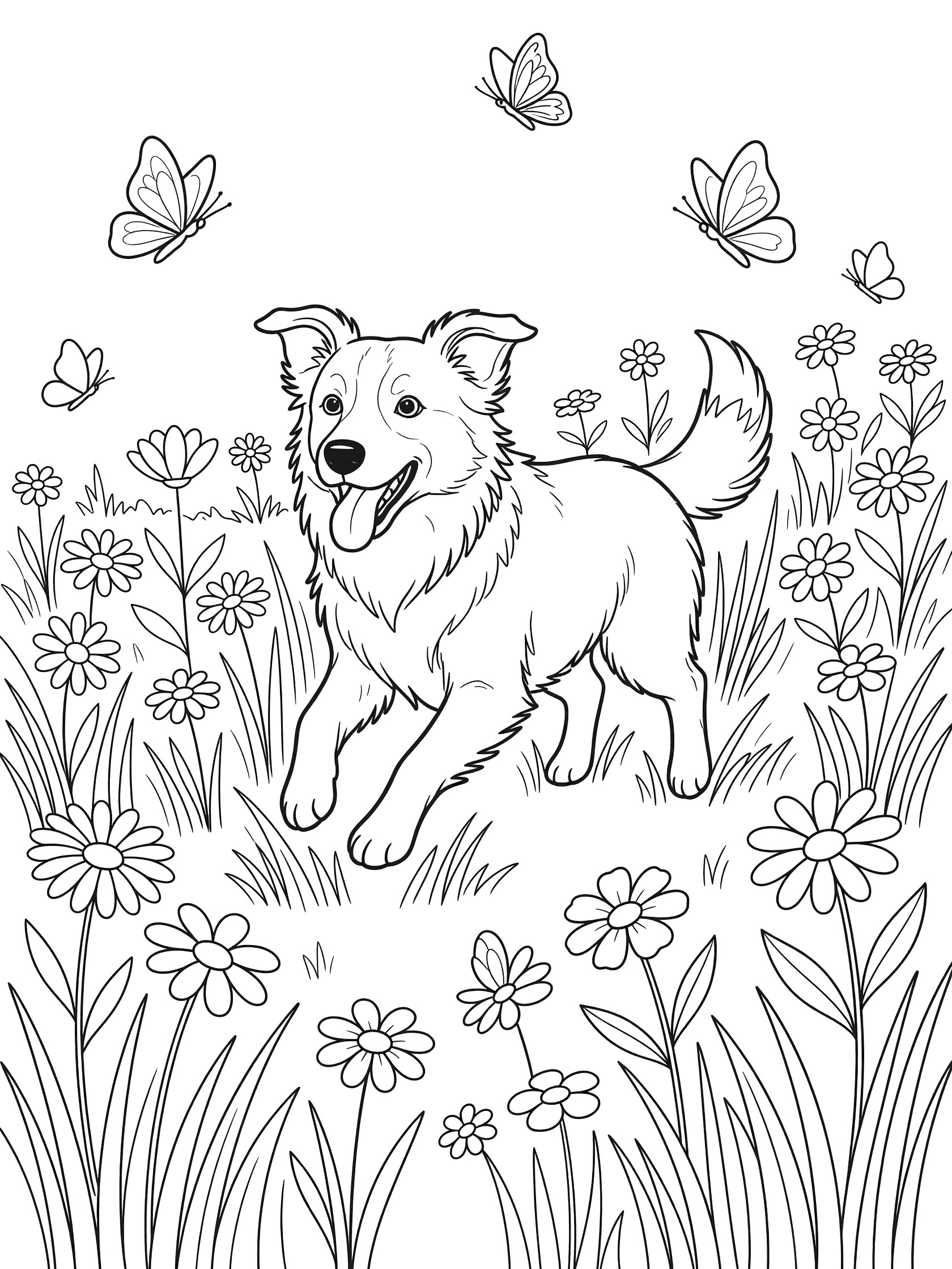 Black and white line art coloring page showing a Border Collie puppy bounding through a field of daisies with butterflies flying around