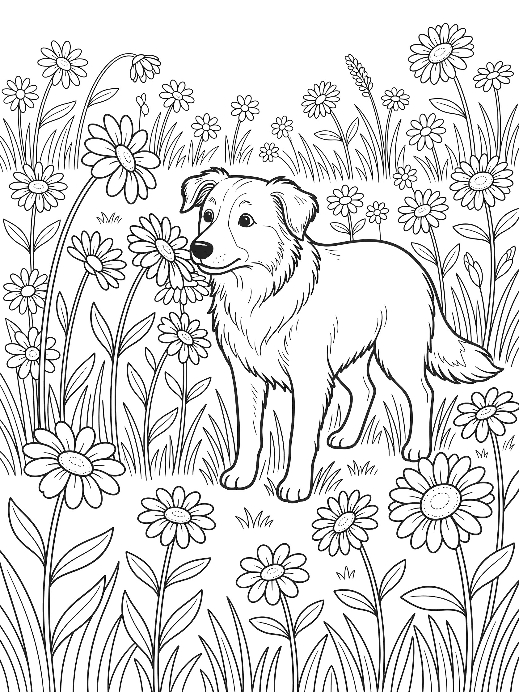 Black and white line art coloring page showing a Border Collie with floppy ears curiously sniffing daisies amid flower stems in a simple meadow scene.