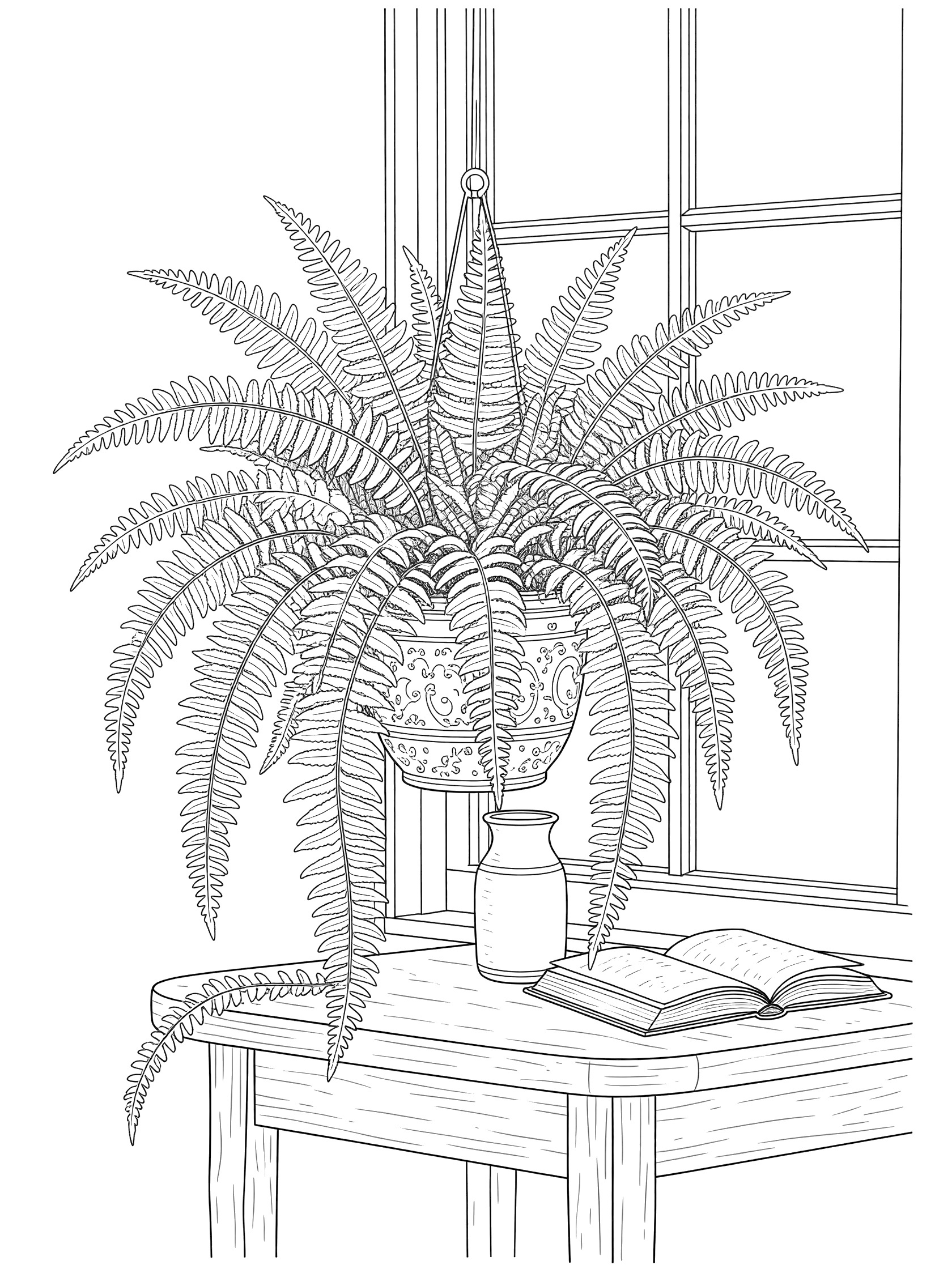 Line art coloring page of a lush Boston fern hanging from an ornate pot over the edge of a wooden table, with a simple vase and open book on the table and a window in the background