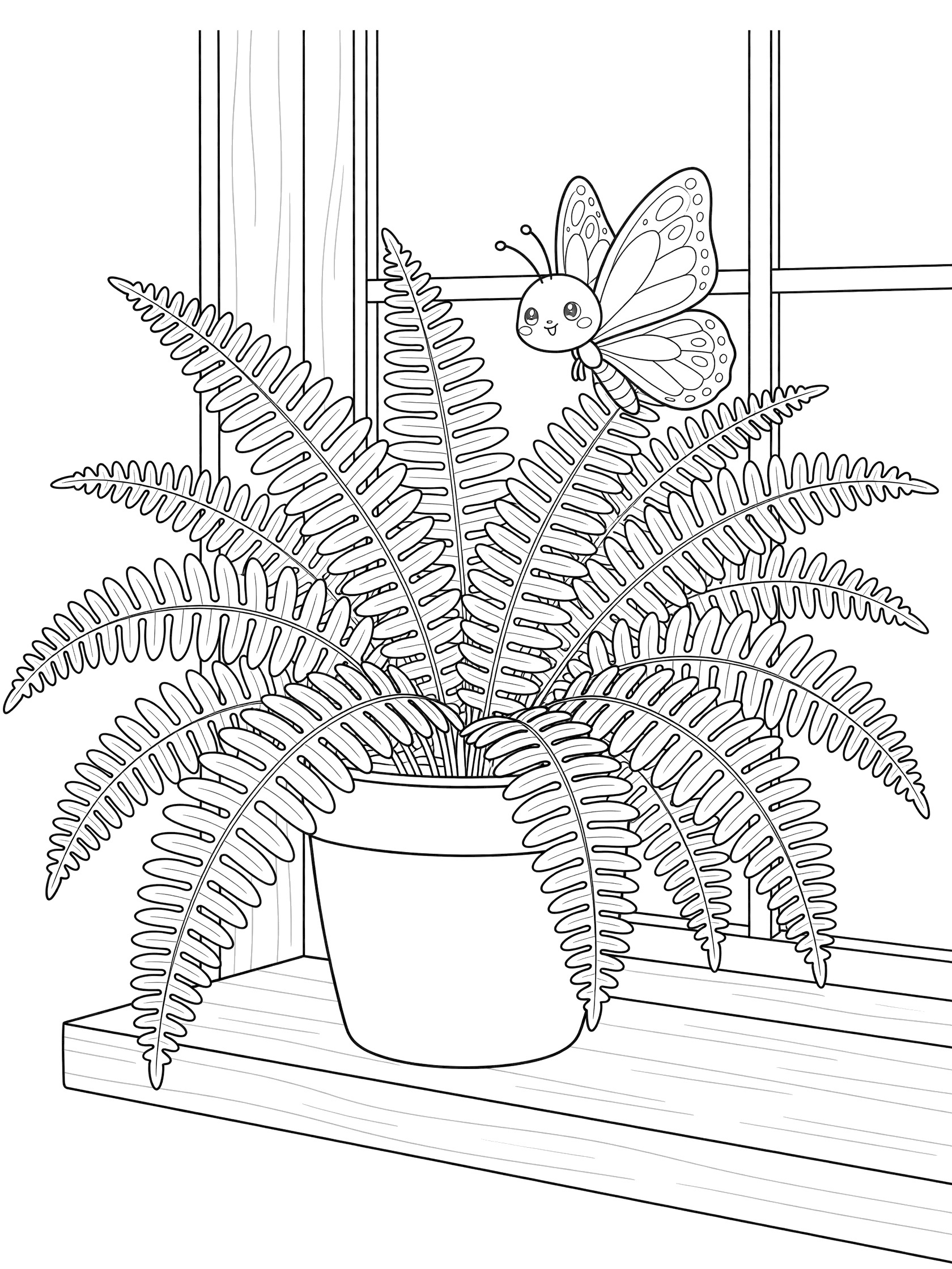 Black and white coloring page showing a lush Boston fern plant in a round pot on a sunny windowsill, with a cute kawaii butterfly on one frond.