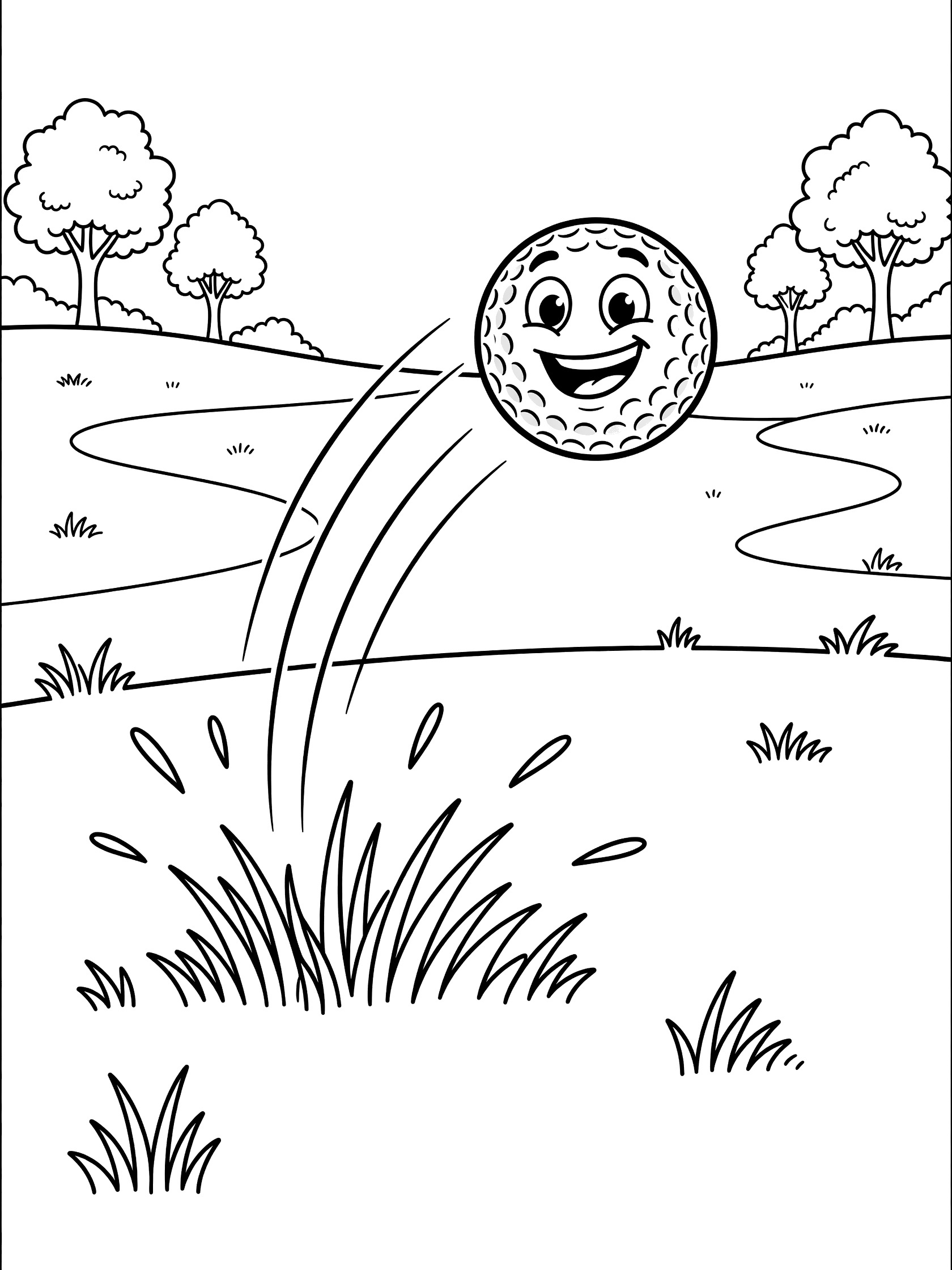 Printable coloring page showing a smiling golf ball bouncing after a swing on a golf fairway with curved motion lines, scattered grass, and trees in the background