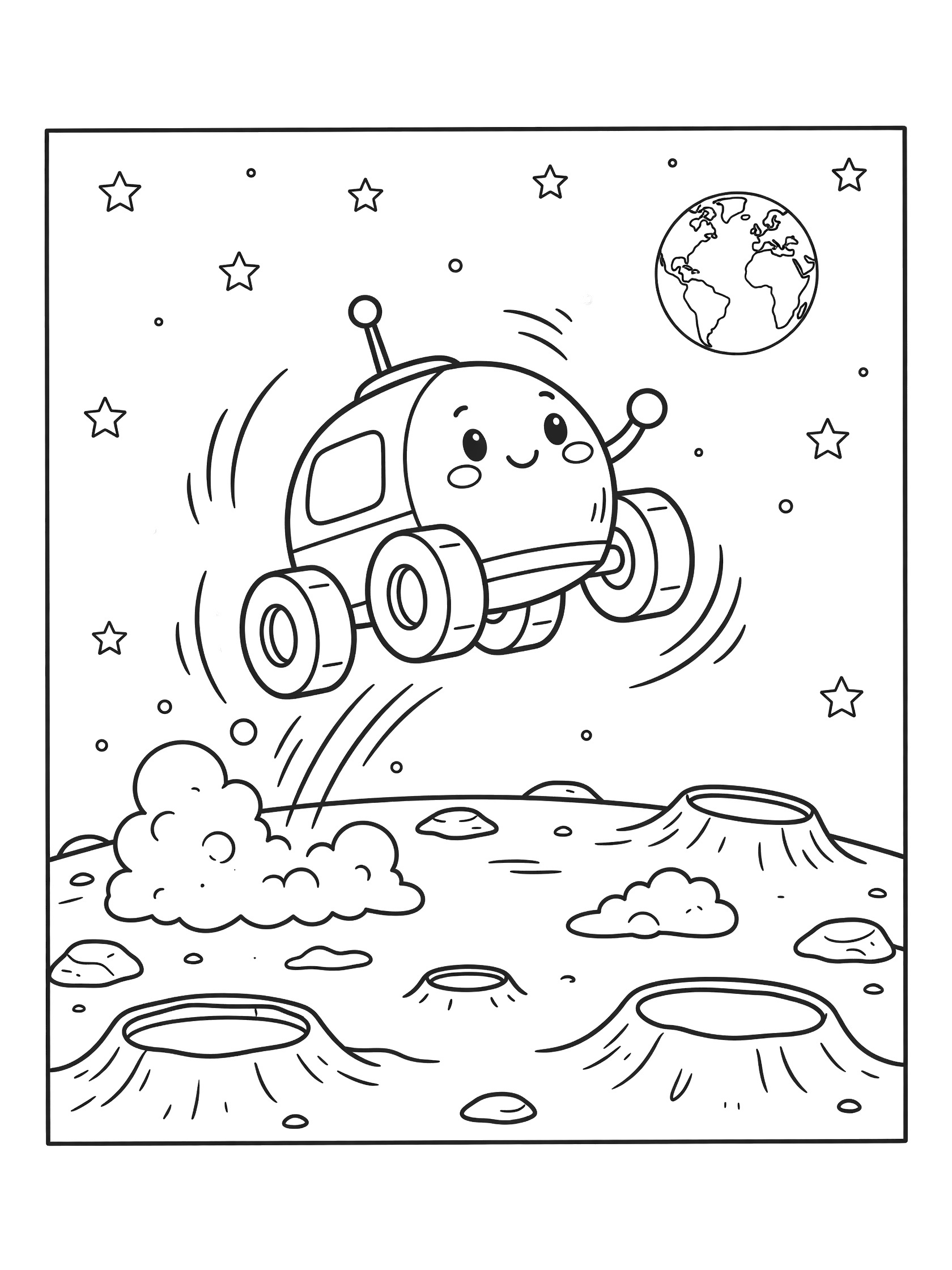 Cute cartoon moon rover bouncing high on the moon surface with motion lines, stars, Earth in the sky, and craters, inside a decorative starry border.