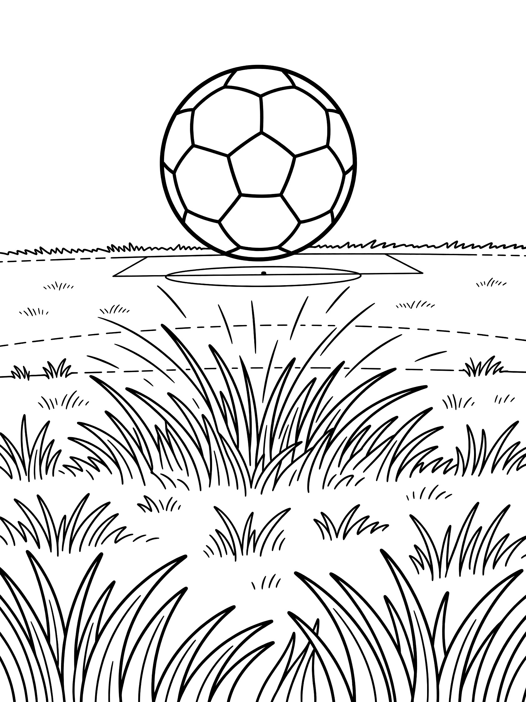 Line art coloring page showing a soccer ball bouncing dynamically high on a lush grassy soccer pitch with faint field lines and grass around the bounce point