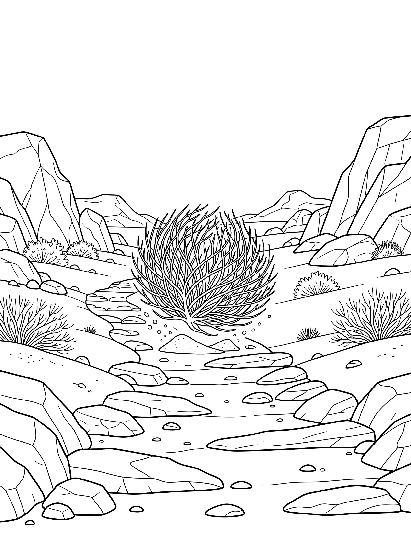 Line art coloring page showing a spiky tumbleweed bouncing energetically on a rugged rocky desert path with boulders and small shrubs