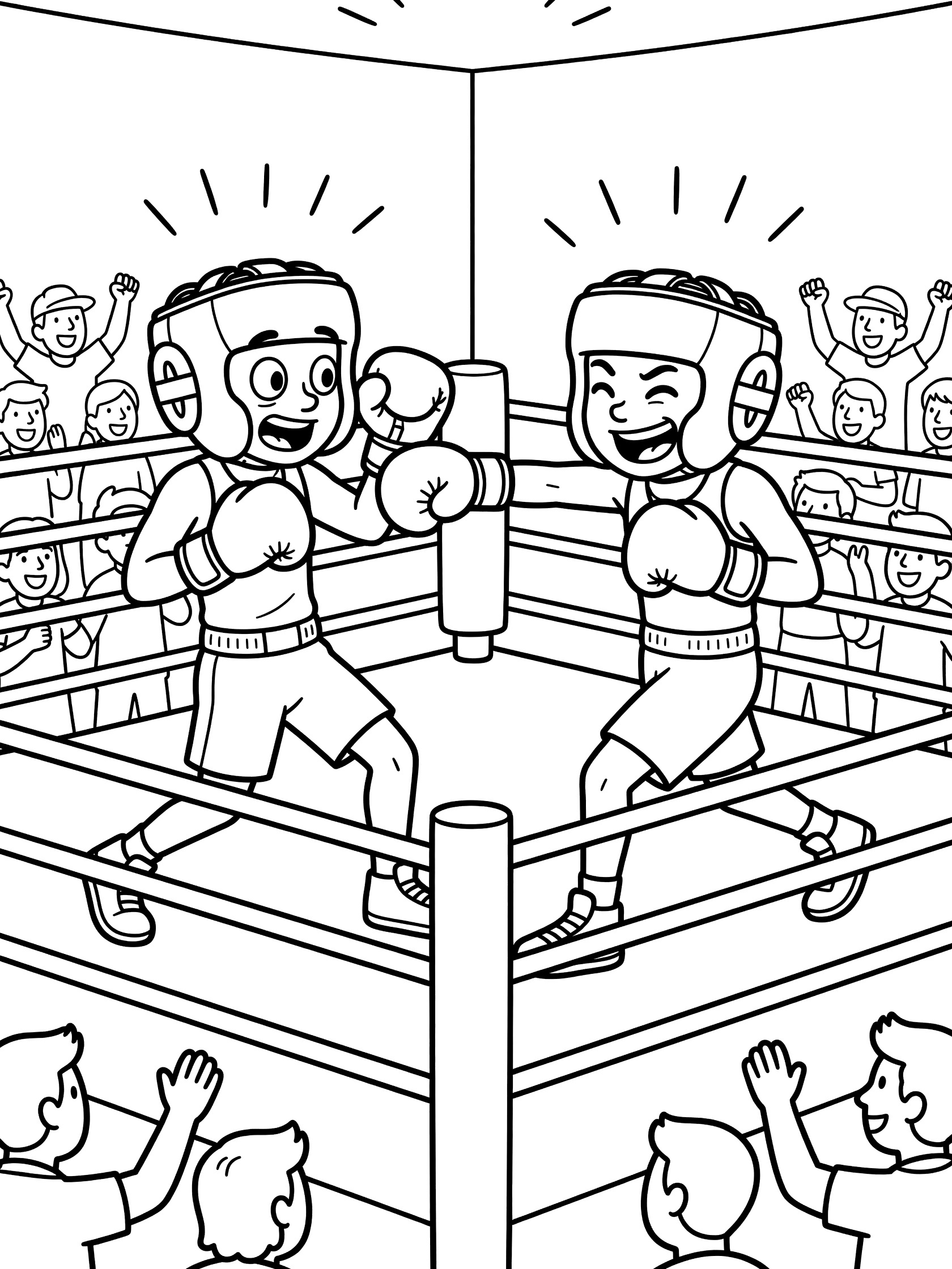 Black-and-white line art coloring page showing a boxer leaning back to dodge a punch from another boxer during sparring in a boxing ring with ropes, crowd, and protective gear.