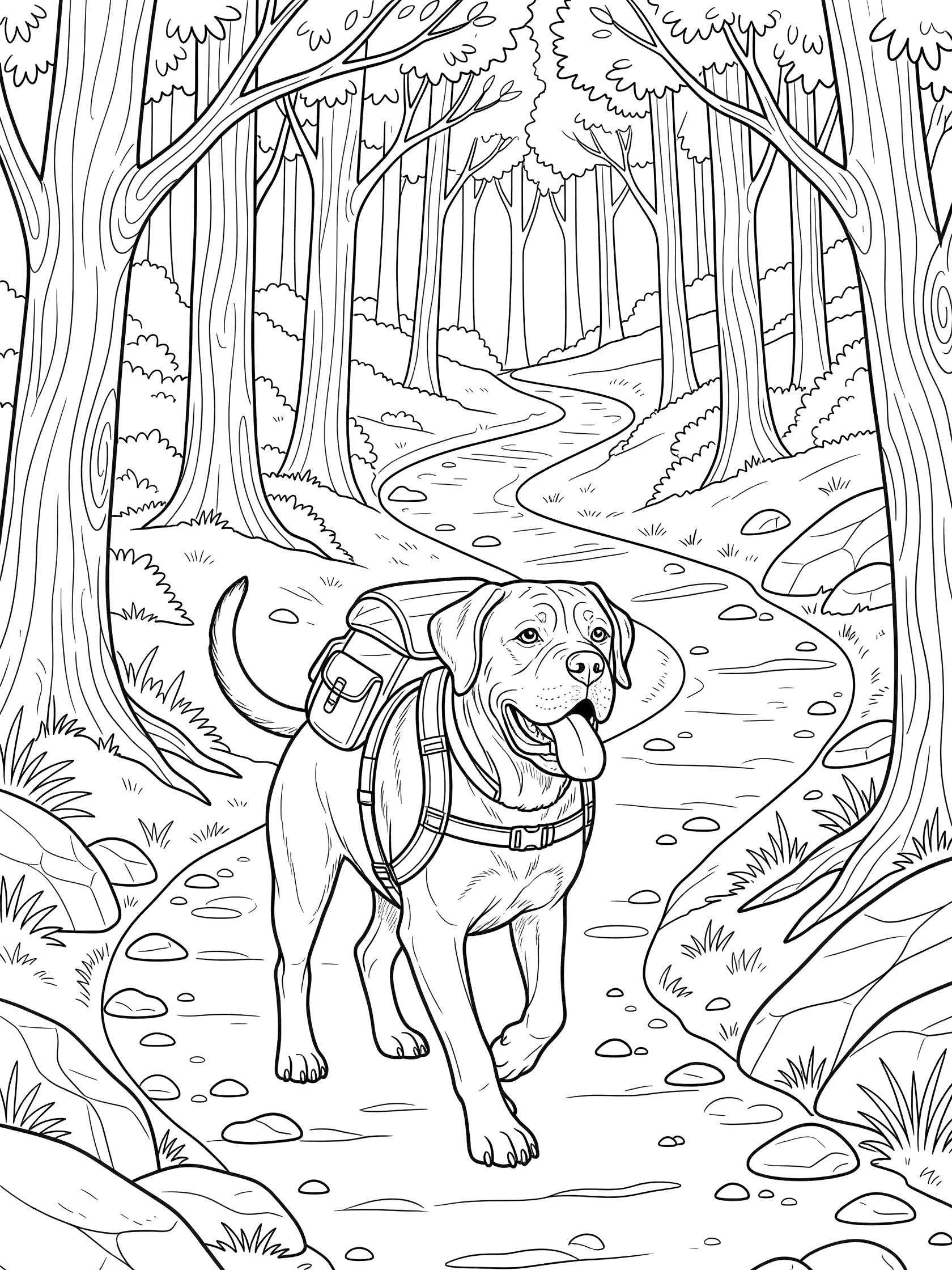 Black and white coloring book page showing a Boxer dog wearing a backpack and walking along a curvy path in a forest with tall trees, bushes, rocks, and ferns. Mastiff themed black and white printable line art