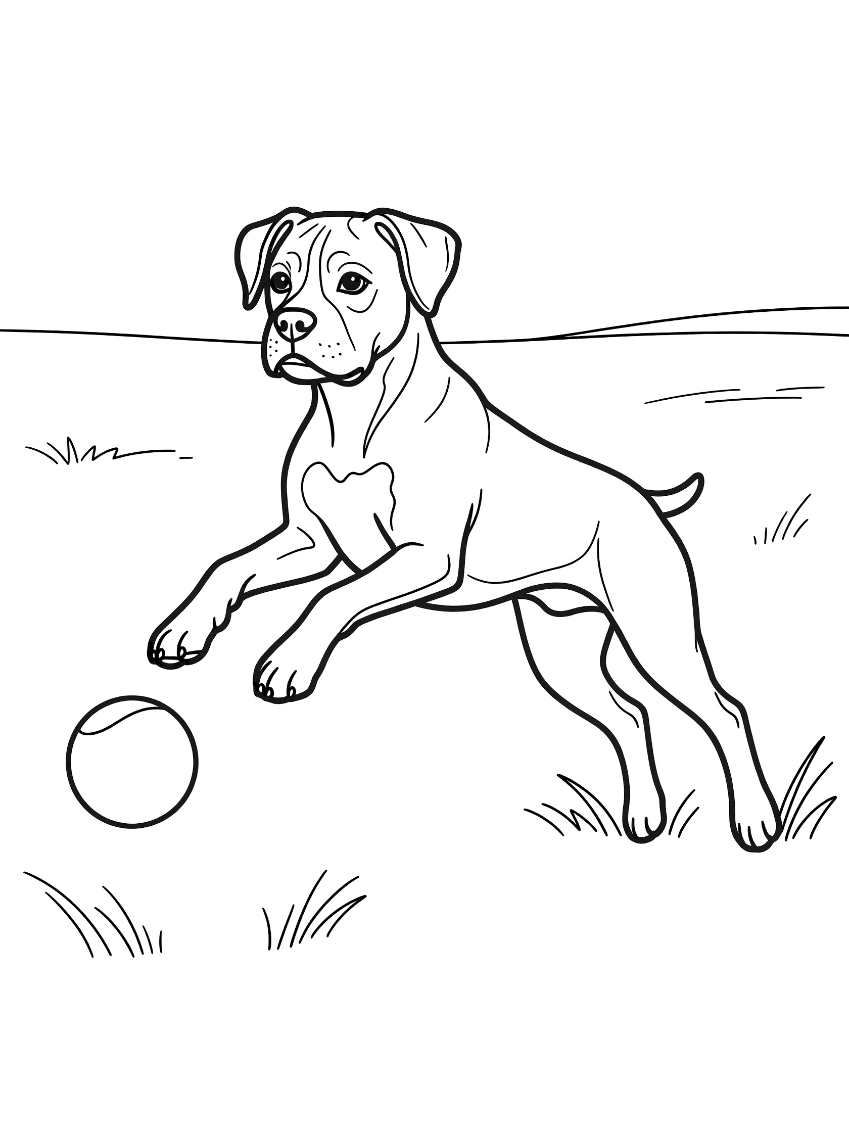 Black and white line art coloring page showing a Boxer dog jumping mid-air to catch a round ball surrounded by grass in an open field.
