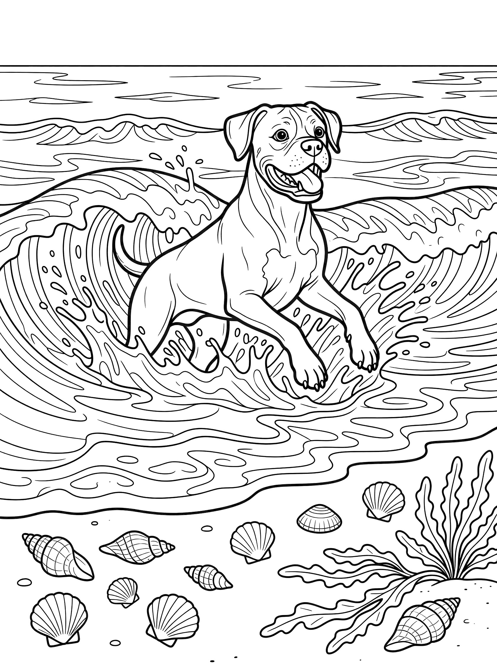 Black and white line art coloring page showing a Boxer dog leaping joyfully in splashing ocean waves, surrounded by beach seashells and seaweed on a white background.
