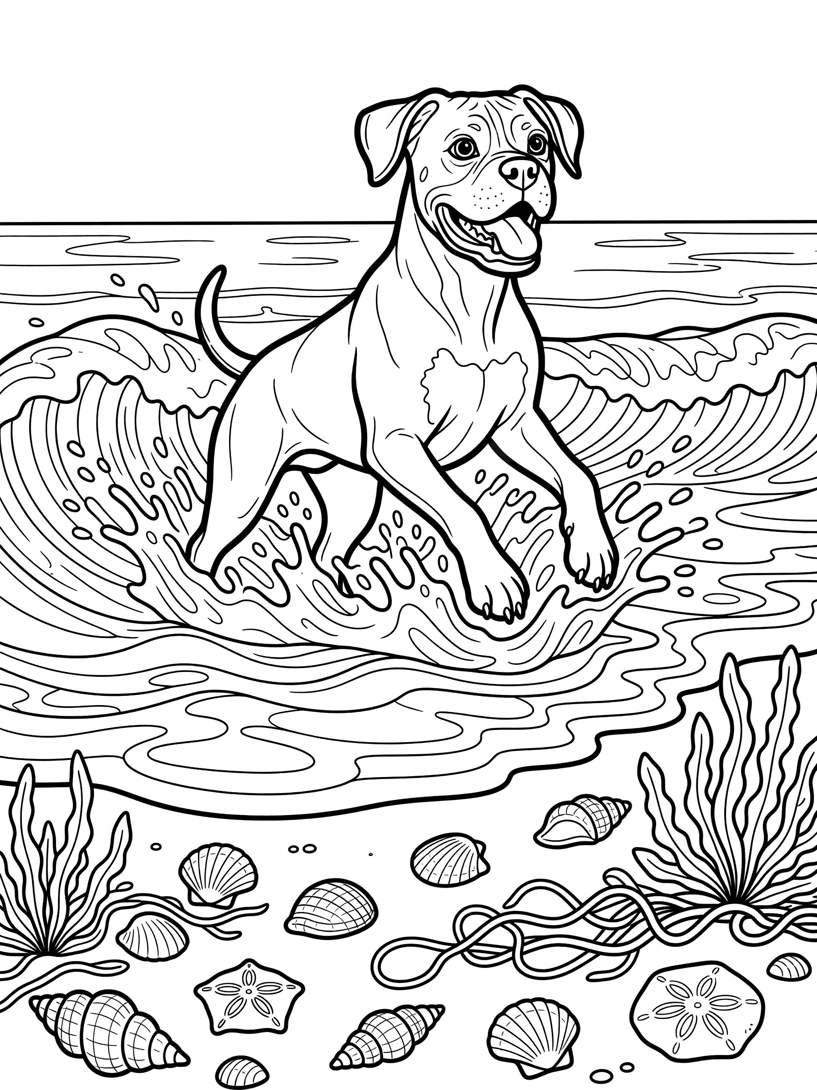 Black and white line art coloring page showing a Boxer dog leaping joyfully in splashing ocean waves surrounded by seashells, seaweed, and starfish on the beach.