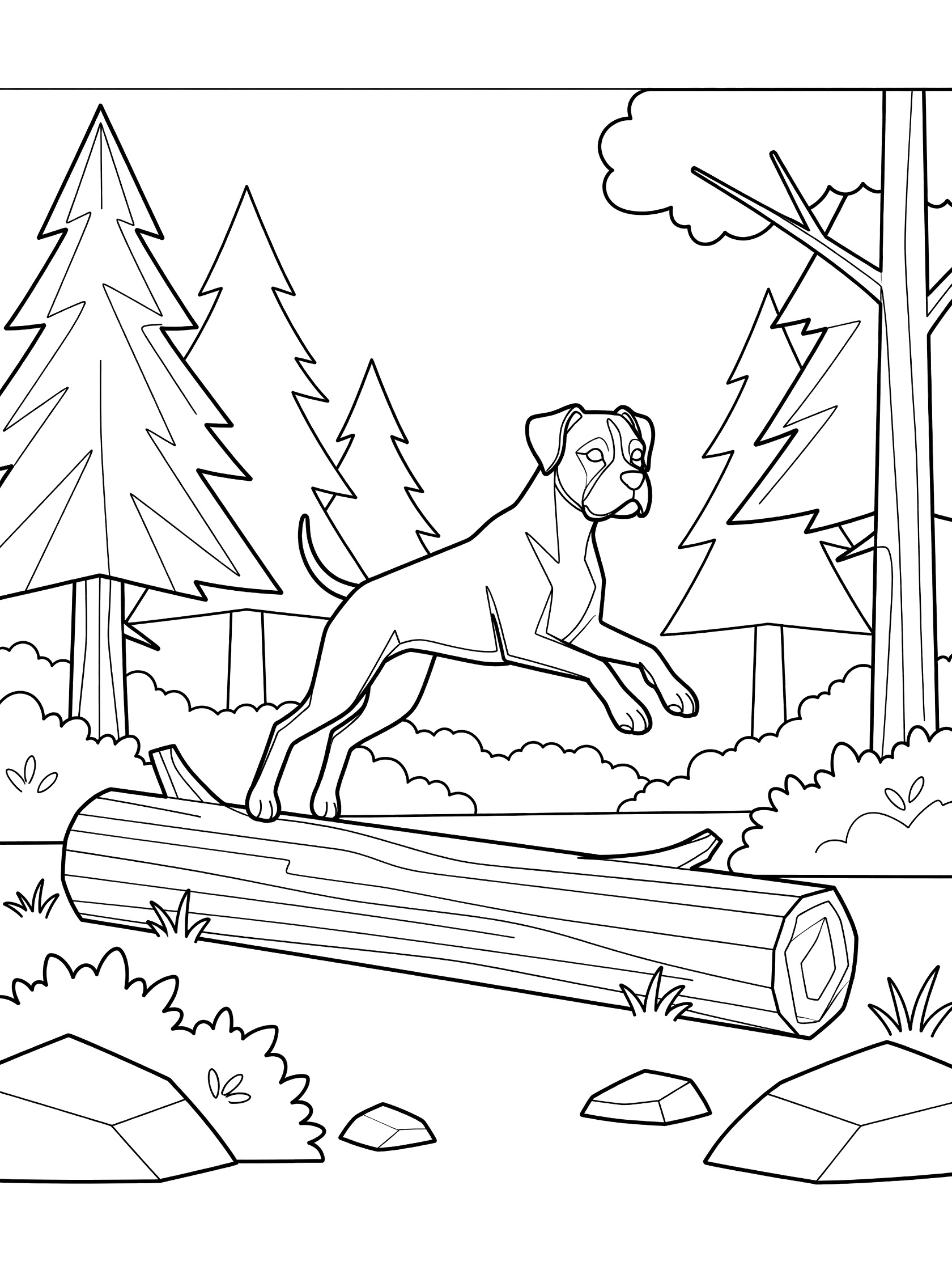 Black and white line art coloring page showing a Boxer dog mid-jump over a log surrounded by forest trees, bushes, and rocks