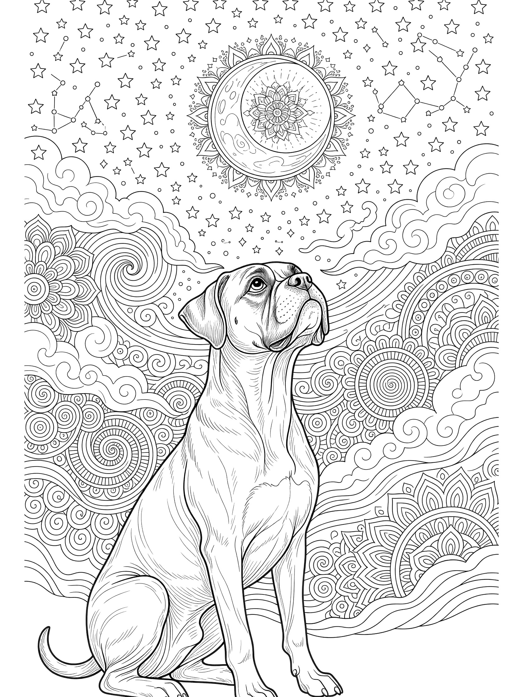 Black and white line art coloring page showing a boxer dog sitting with head tilted up at a detailed starry sky, crescent moon, and swirling clouds in mandala style.