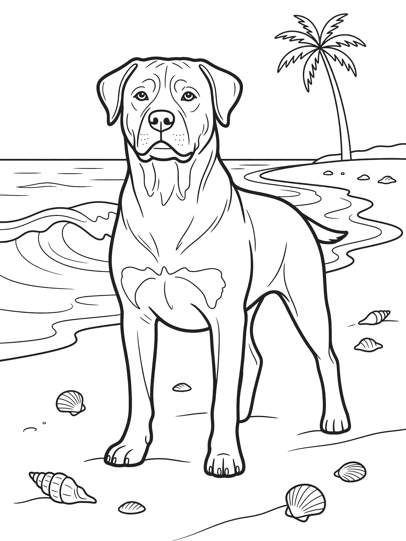 Black and white line art coloring page showing a boxer dog on a beach with waves, seashells, sand, and a palm tree. Rottweiler themed black and white printable line art
