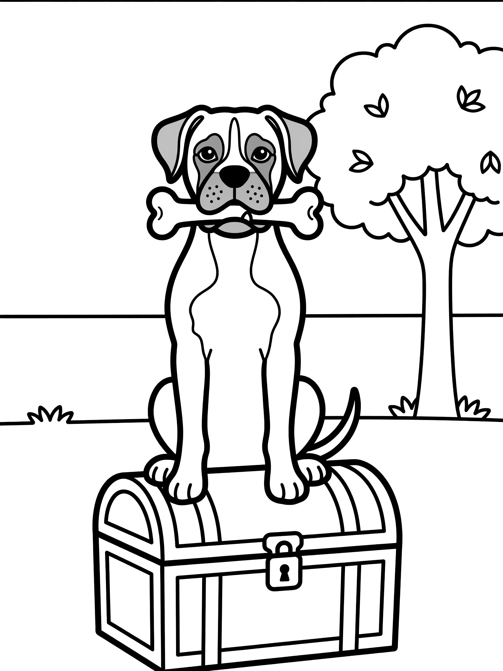 Cute cartoon Boxer dog sitting on a treasure chest holding a bone, with a tree in a simple yard, black and white line art coloring page.