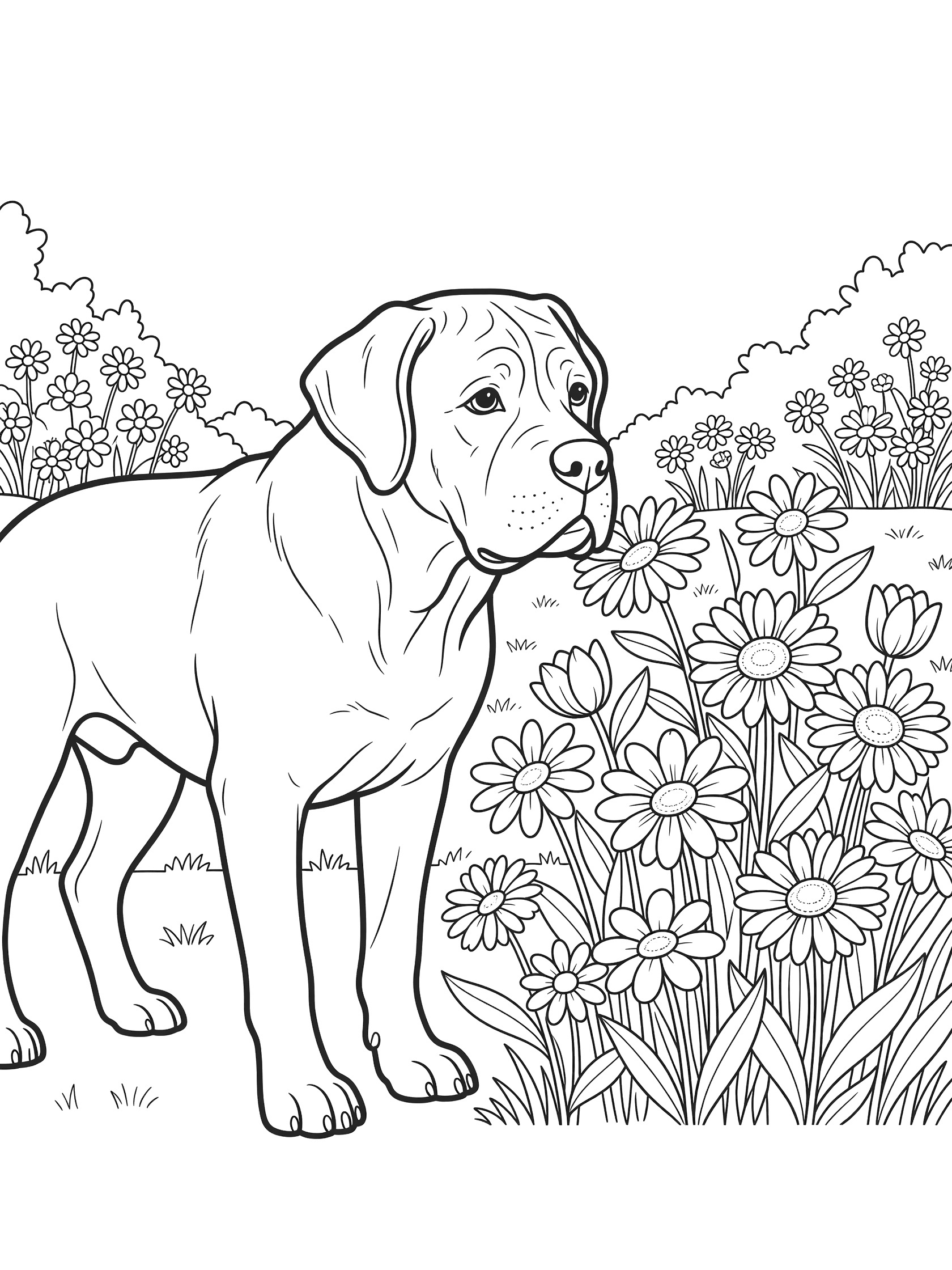 Black and white line art of a boxer dog with floppy ears sniffing a cluster of daisies surrounded by grass and more flowers. Mastiff themed black and white printable line art