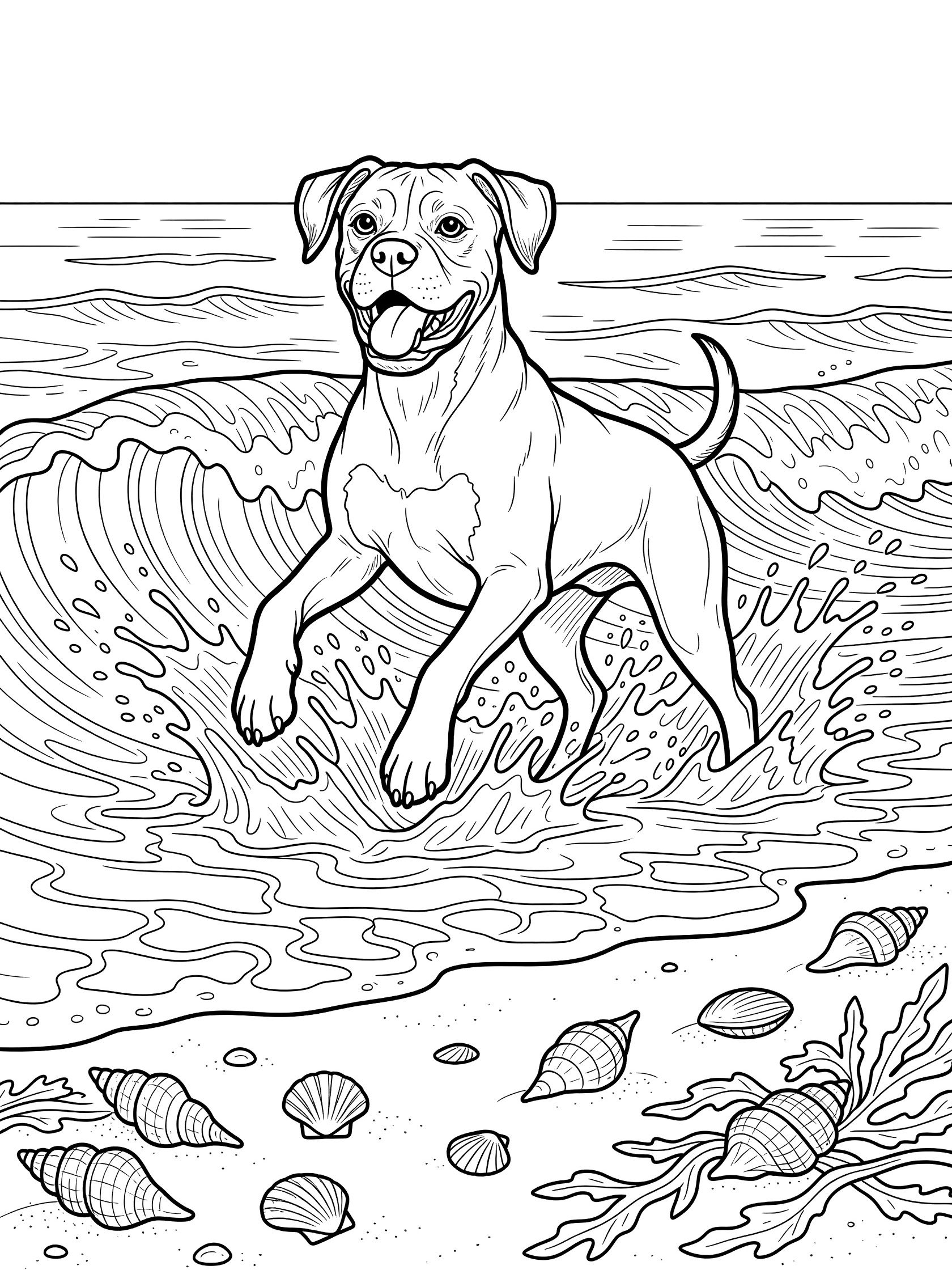 Black and white line art coloring page showing a boxer dog jumping and splashing in ocean waves with seashells and seaweed on the beach.