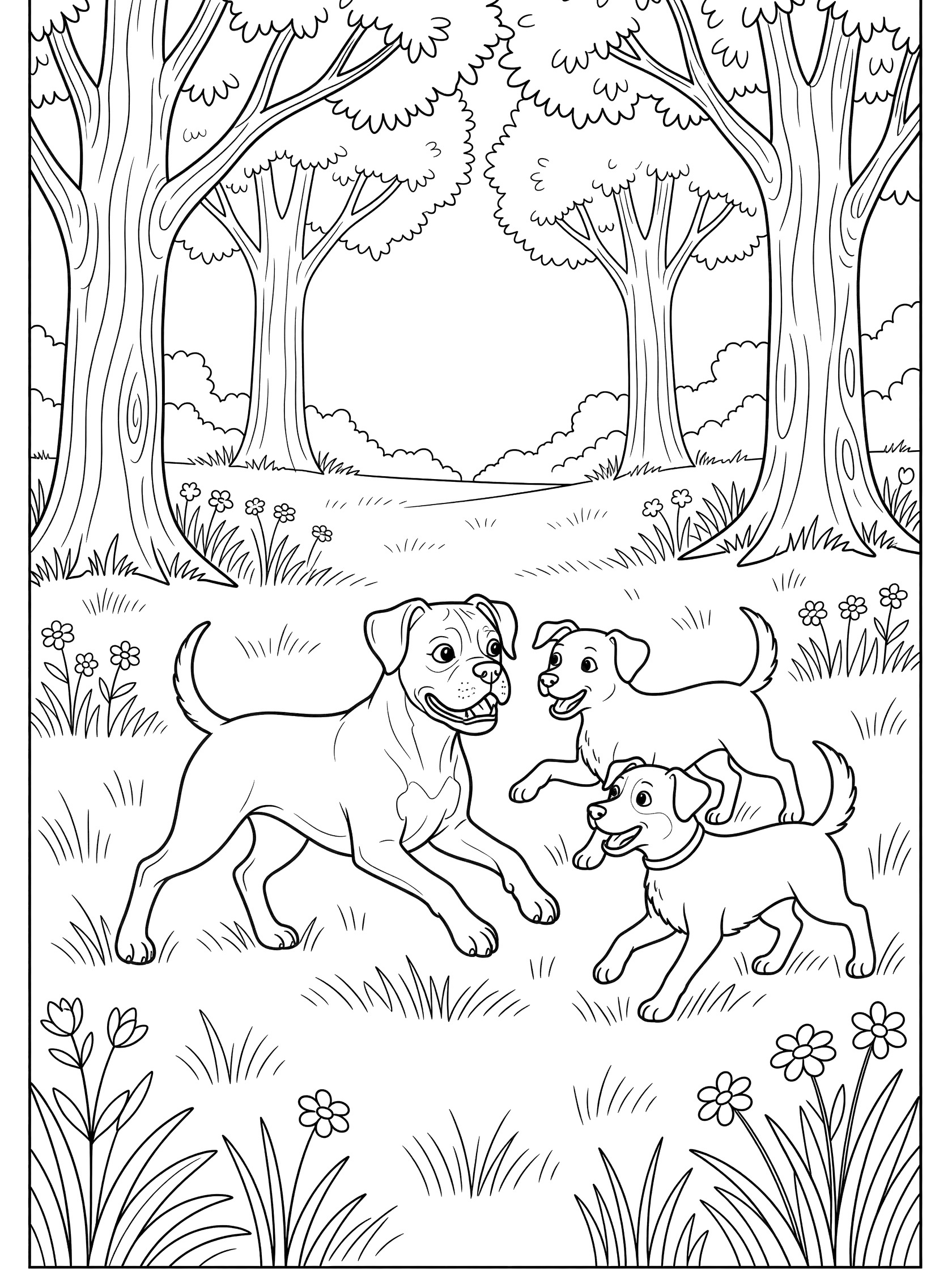 Black and white line art coloring page showing a Boxer dog jumping and playing with two smaller dogs in a meadow surrounded by tall trees and grass with flowers.