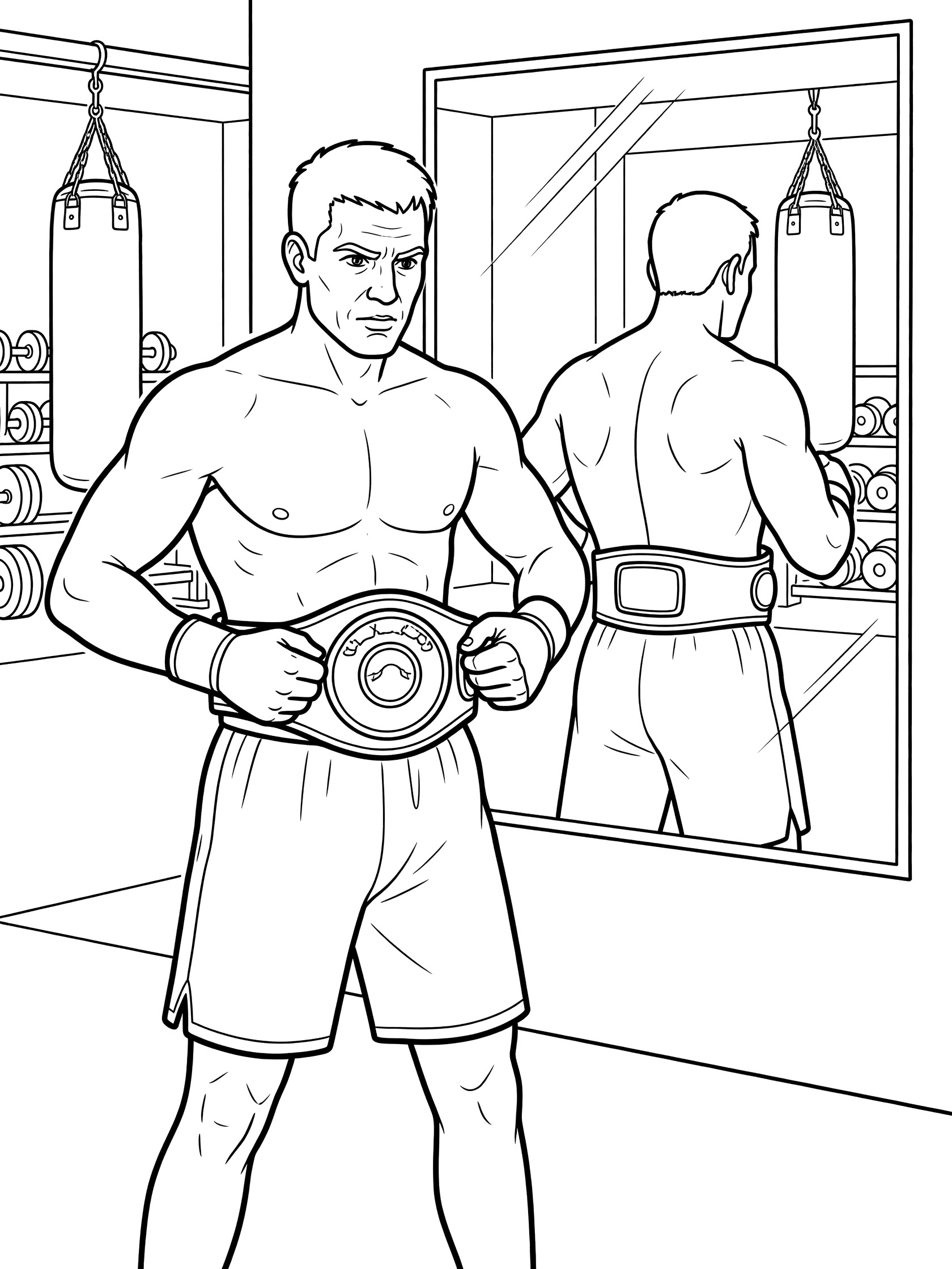 Black and white line art of a muscular boxer in boxing shorts fastening a championship belt around his waist while looking in a large gym mirror with punching bags and weights in the background.
