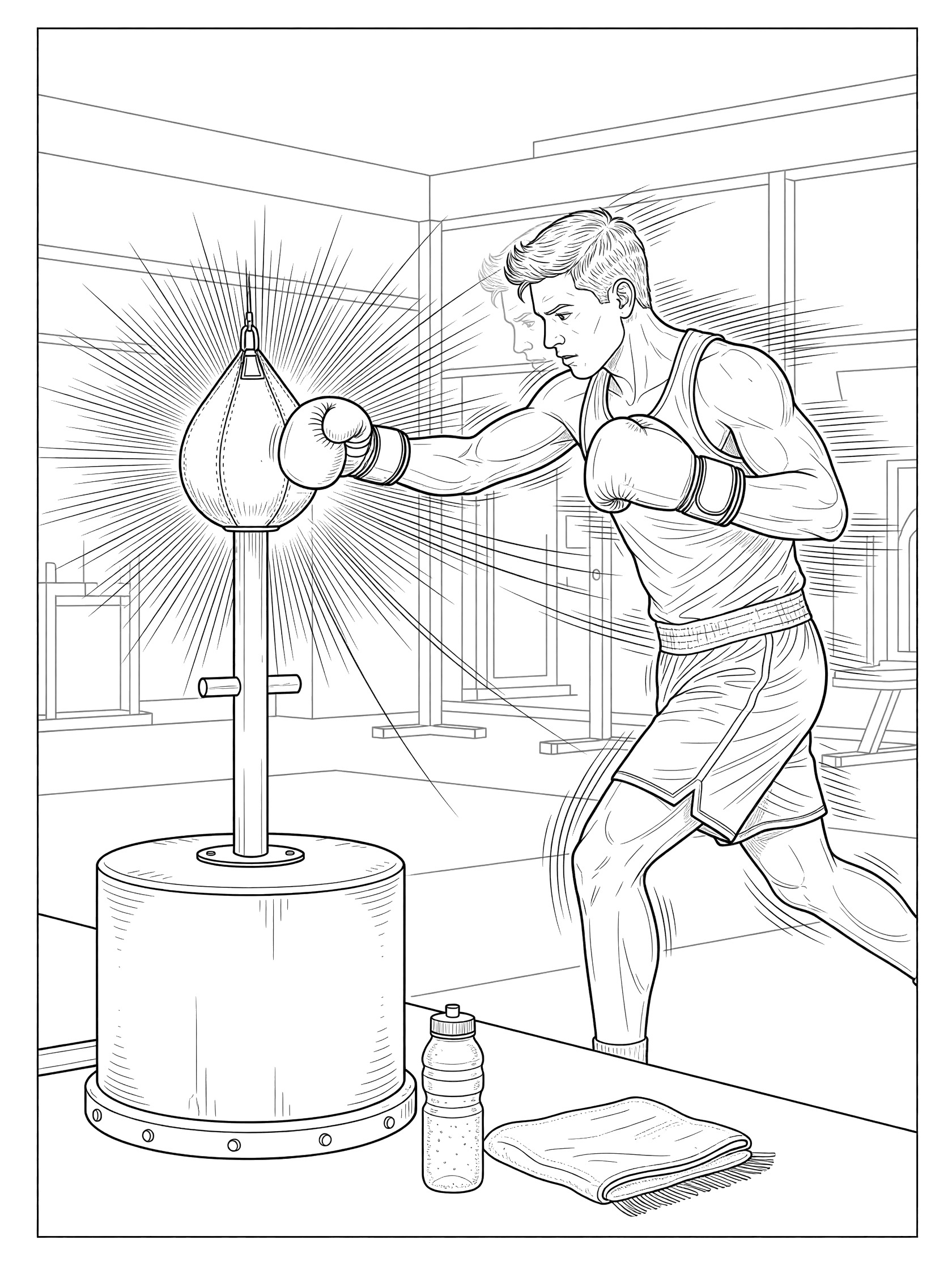 Black-and-white coloring page of a boxer rapidly striking a speed bag with motion lines, wearing tank top and shorts, next to water bottle and towel in gym.