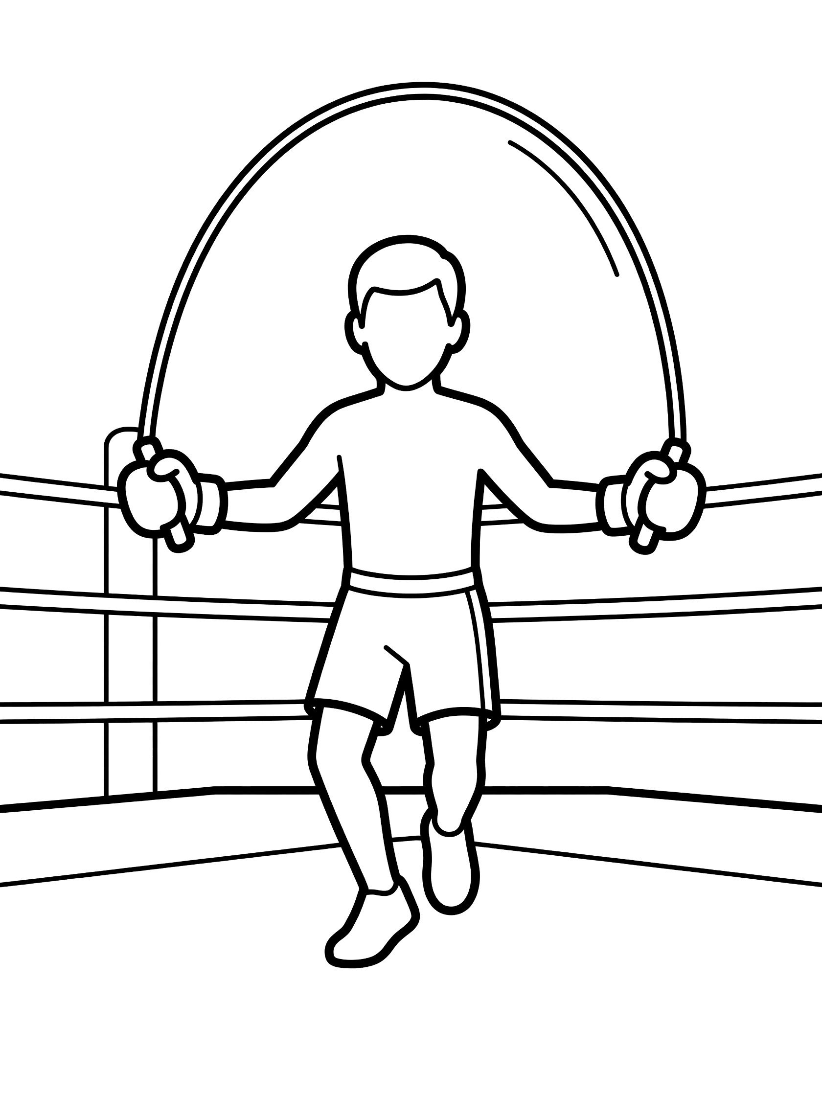 Black and white coloring page of a boxer jumping rope with gloves on, near a boxing ring on the gym floor