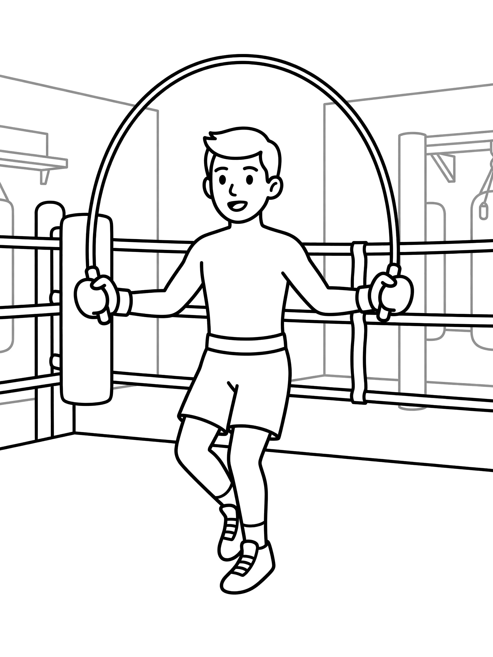 Line art coloring page showing a boxer in shorts and gloves skipping a jump rope next to a boxing ring with posts and ropes visible.