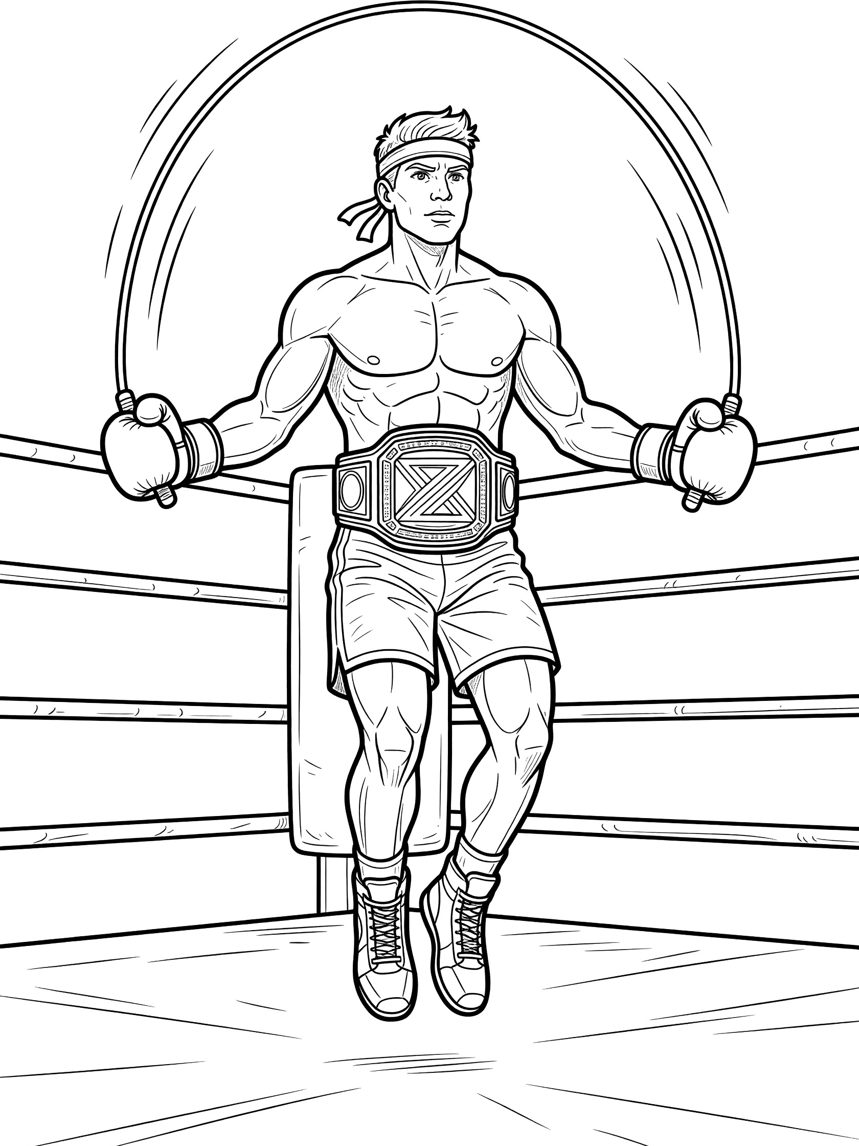 Black and white line art of a boxer jumping rope with motion lines, wearing boxing gloves, sweatband, shorts, and a large championship belt around his waist in a boxing ring.