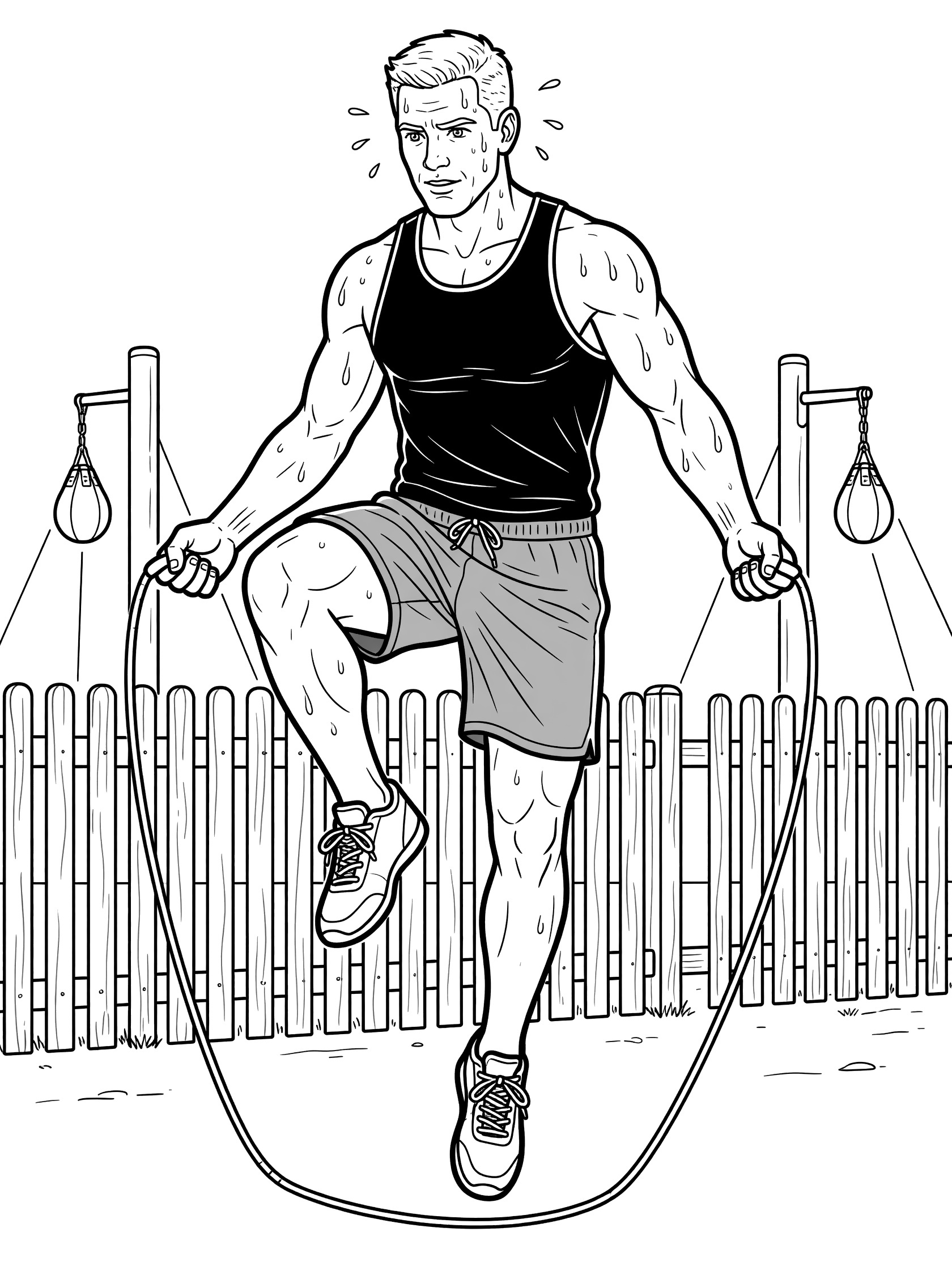 Black and white line art coloring page showing a boxer in tank top and shorts jumping high knees over a taut jump rope, holding the handles, with sweat drops, near a wooden fence and speed bag posts.